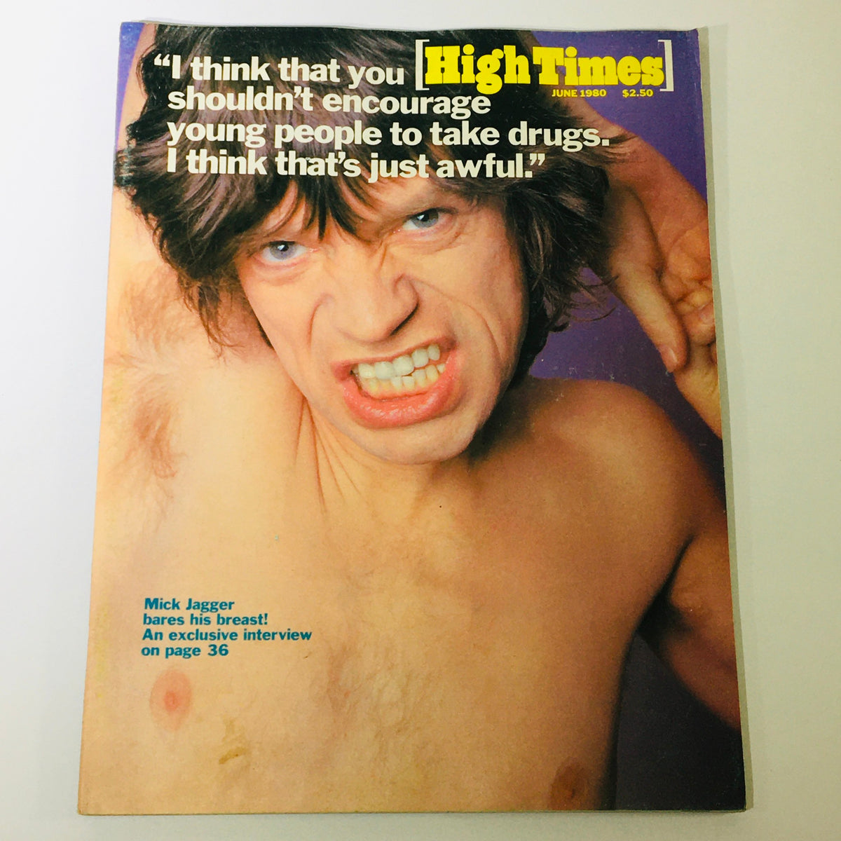 Cover of VTG High Times Magazine June 1980 featuring Mick Jagger, showcasing the rock star with an intense expression and partially bare chest, promoting an exclusive interview.