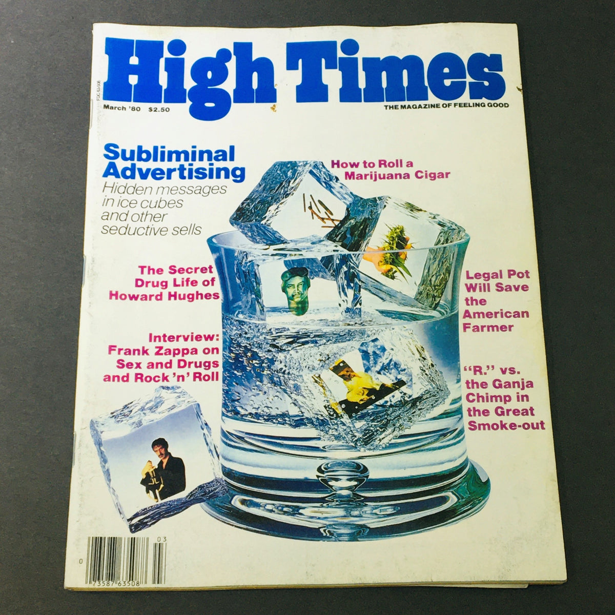 Cover of High Times Magazine March 1980 featuring Frank Zappa on Sex, Drugs and Rock 'n' Roll, with an eye-catching illustration of ice cubes and subliminal messages.