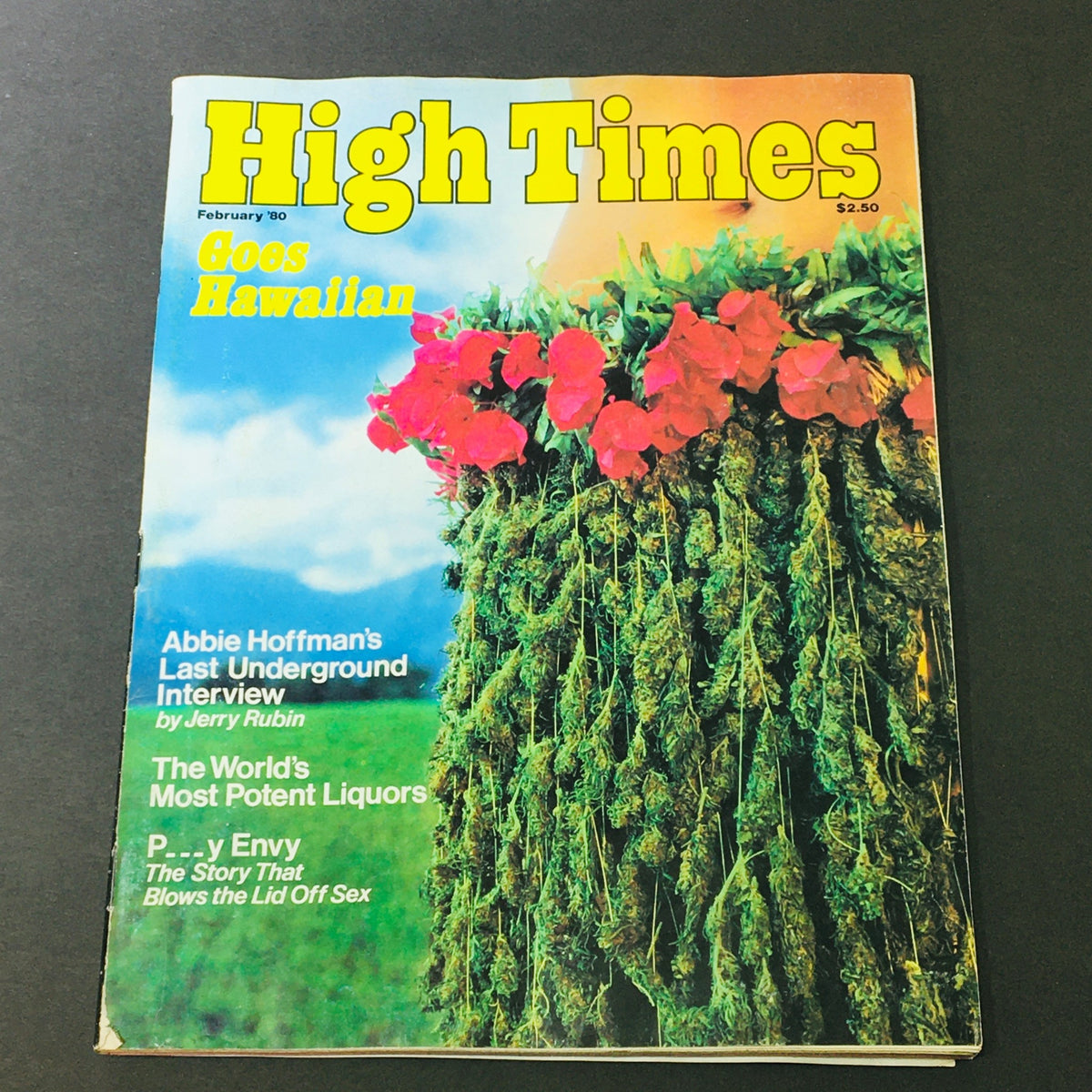 Cover of VTG High Times Magazine February 1980 featuring Abbie Hoffman's Last Underground Interview, with vibrant floral design and the headline 'High Times Goes Hawaiian'.