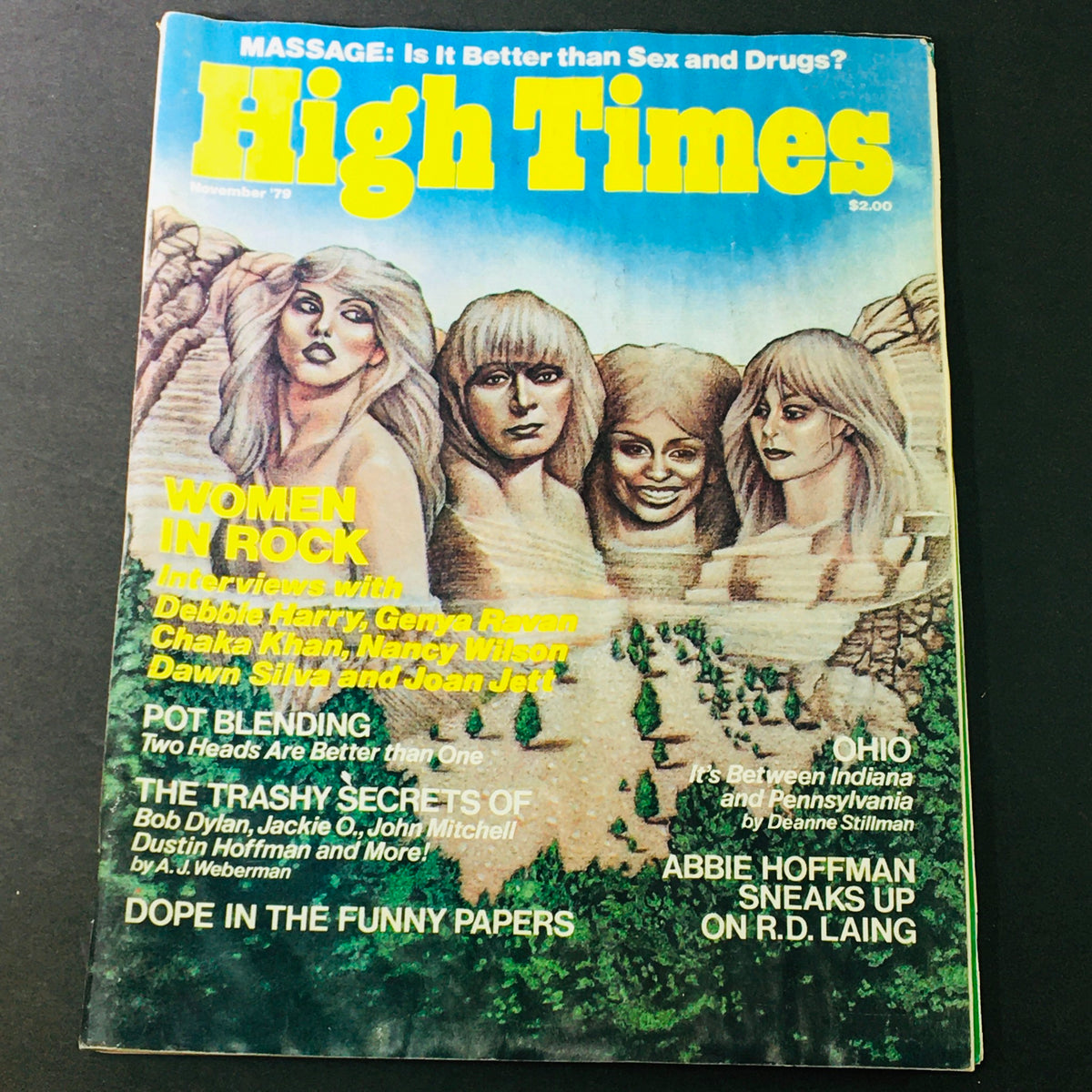 Cover of VTG High Times Magazine November 1979 featuring Women in Rock including Debbie Harry, Genya Ravan, and Chaka Khan, showcasing vibrant artwork and cultural themes.