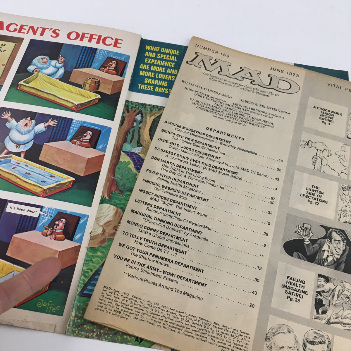 Inside spread of Mad Magazine June 1973 No. 159, displaying comedic content and table of contents, capturing the magazine's classic humor.