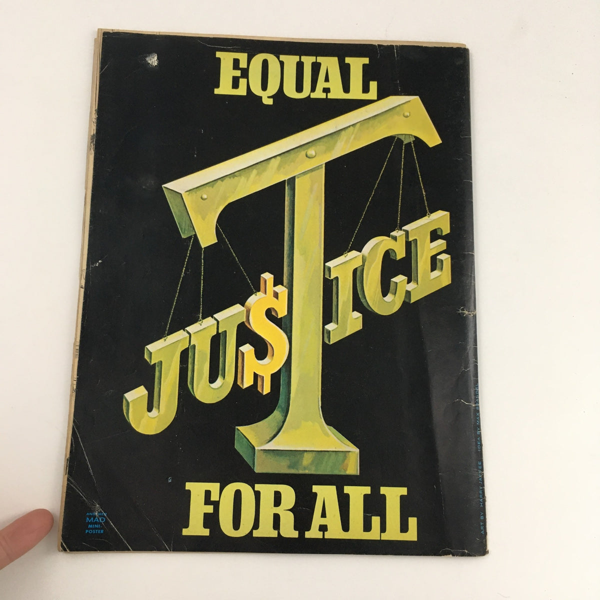 Back cover of Mad Magazine June 1973 No. 159, featuring a poster titled 'Equal Justice For All' with a balance scale design, reflecting the magazine's satirical style.