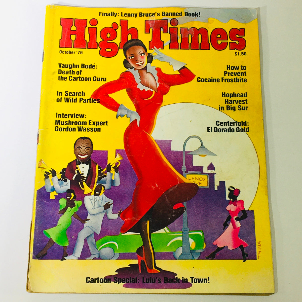 VTG High Times Magazine October 1976 cover featuring cartoon art with a woman in a red dress, and the headline 'Cartoon Special: Lulu's Back in Town', alongside illustrations of musicians.