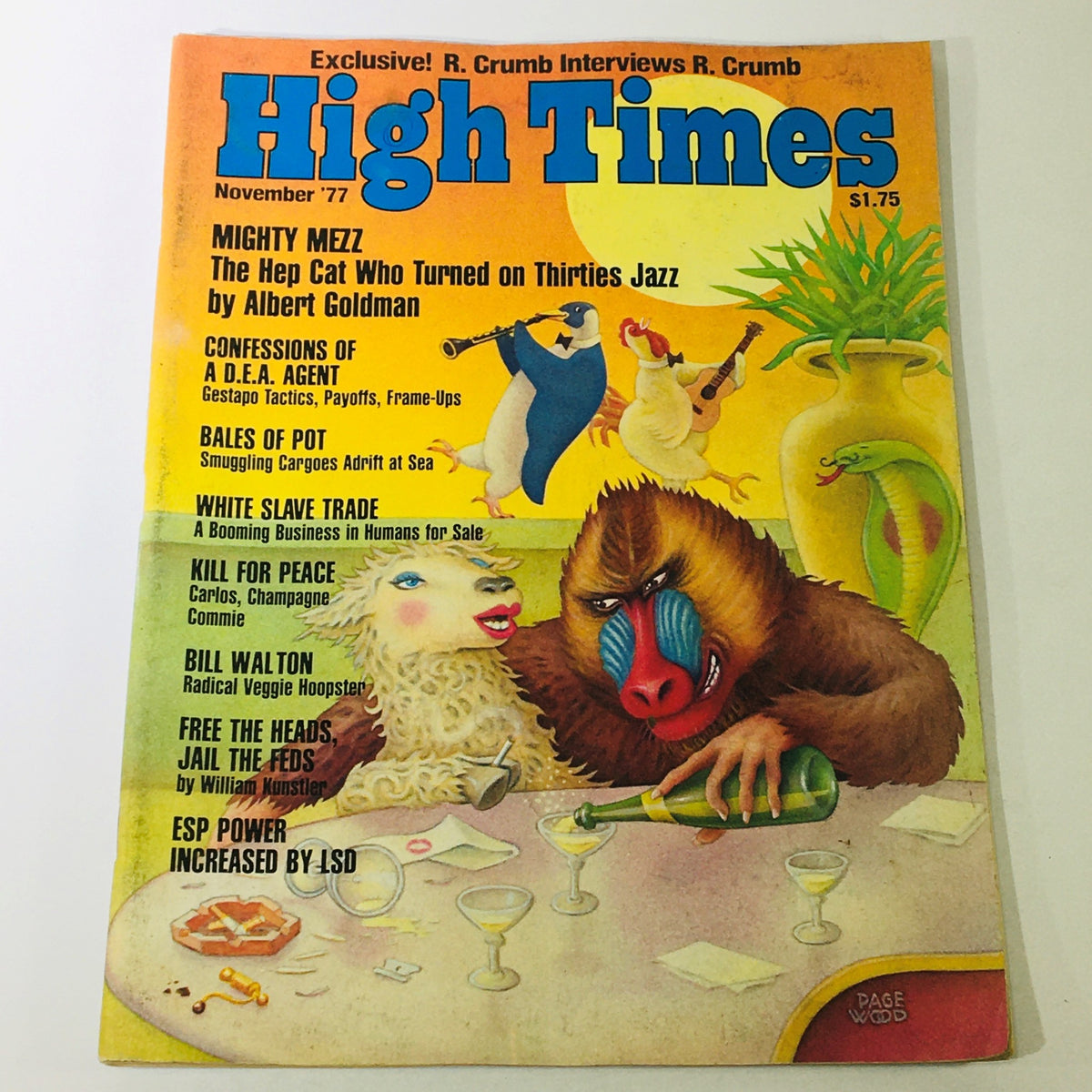 Cover of the VTG High Times Magazine from November 1977 featuring Bill Walton and an interview with R. Crumb, showcasing vibrant artwork and eclectic article titles reflective of the 70s counterculture.