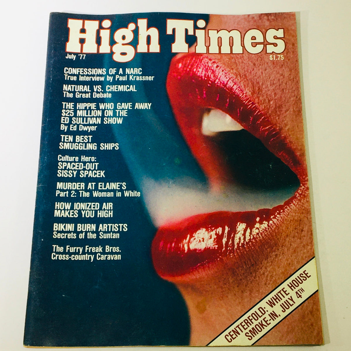 Cover of VTG High Times Magazine from July 1977 featuring the title and the article 'Confessions of a Narc' by Paul Krassner, alongside various eye-catching headlines discussing cannabis culture and counterculture themes.
