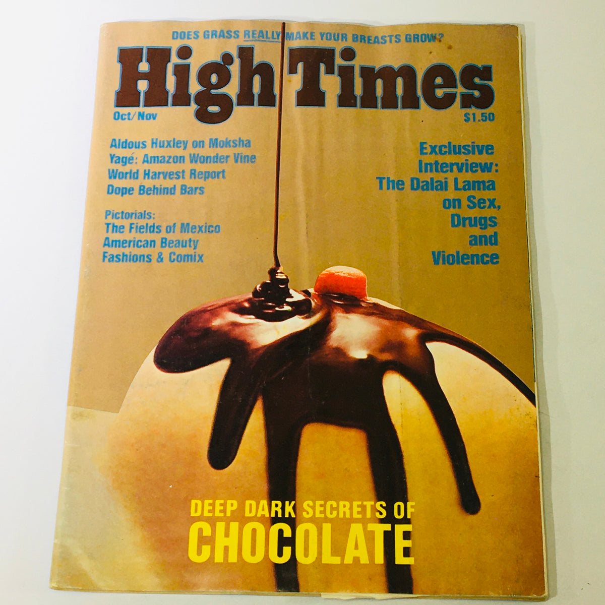Cover of VTG High Times Magazine October November 1975 featuring an exclusive interview with the Dalai Lama on sex, drugs, and violence, showcasing an artistic representation of chocolate.