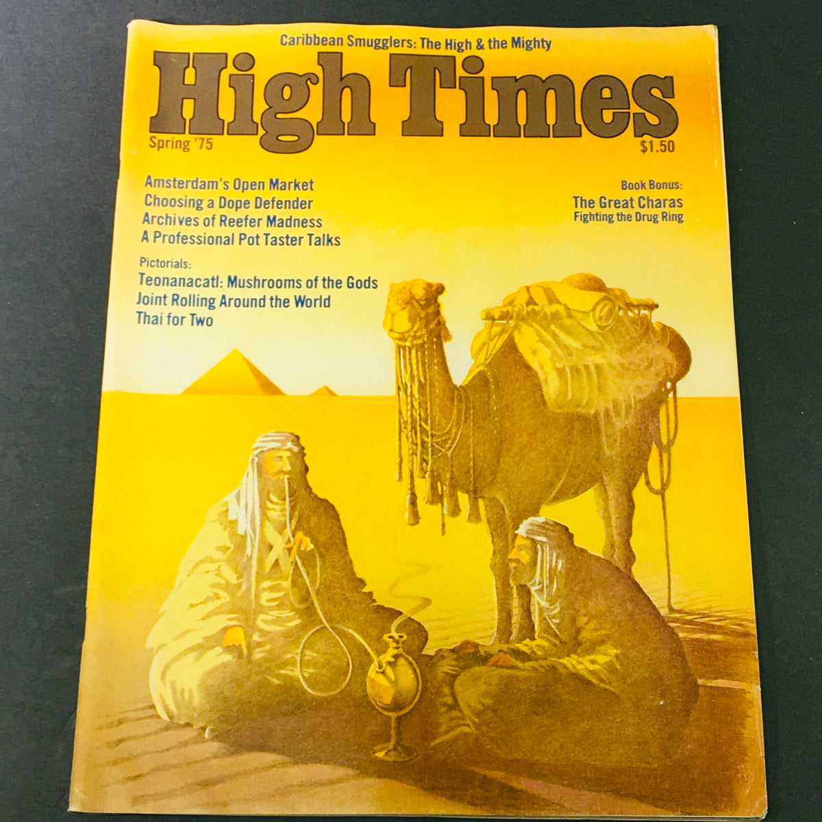 VTG High Times Magazine Spring 1975 featuring Caribbean Smugglers The High & The Mighty, showcasing a vibrant yellow cover with iconic artwork, including figures smoking and a camel, reflecting 1970s cannabis culture.
