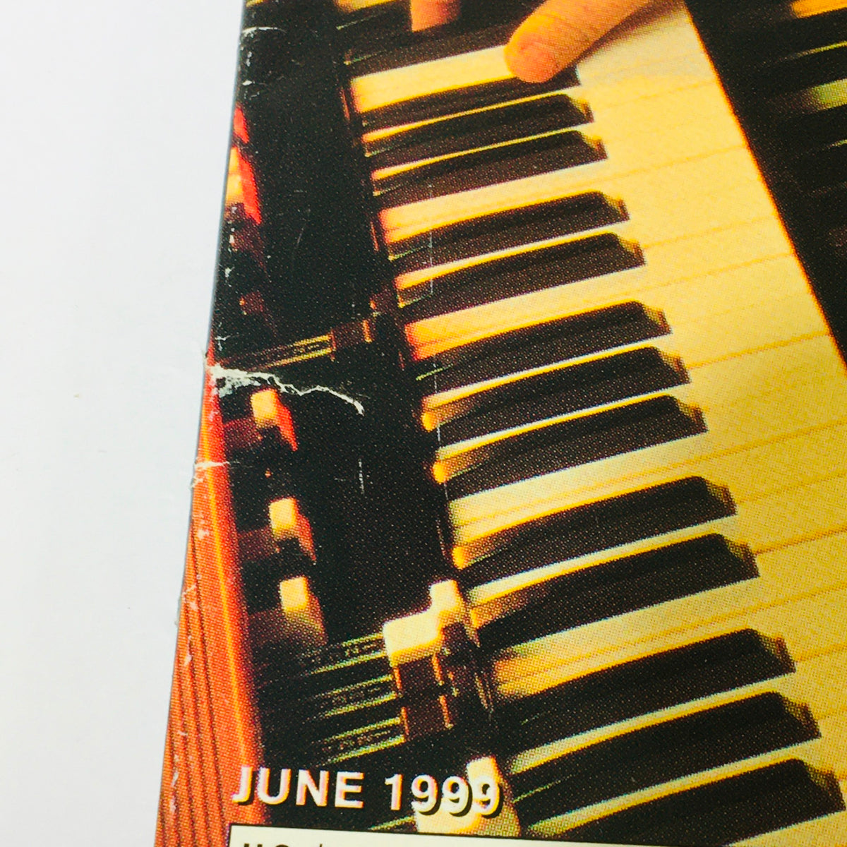 Close-up detail of keyboard keys from Keyboard Magazine June 1999, highlighting the instrument associated with Joey DeFrancesco.