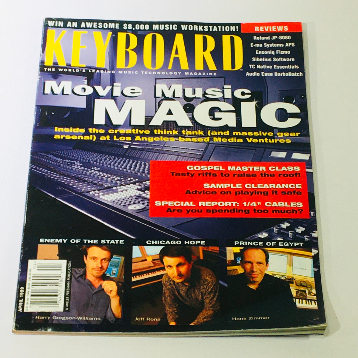 Keyboard Magazine April 1999 cover featuring interviews with composers Harry Gregson-Williams, Jeff Rona, and Hans Zimmer. The magazine showcases topics on movie music and includes unique insights into the music production industry.