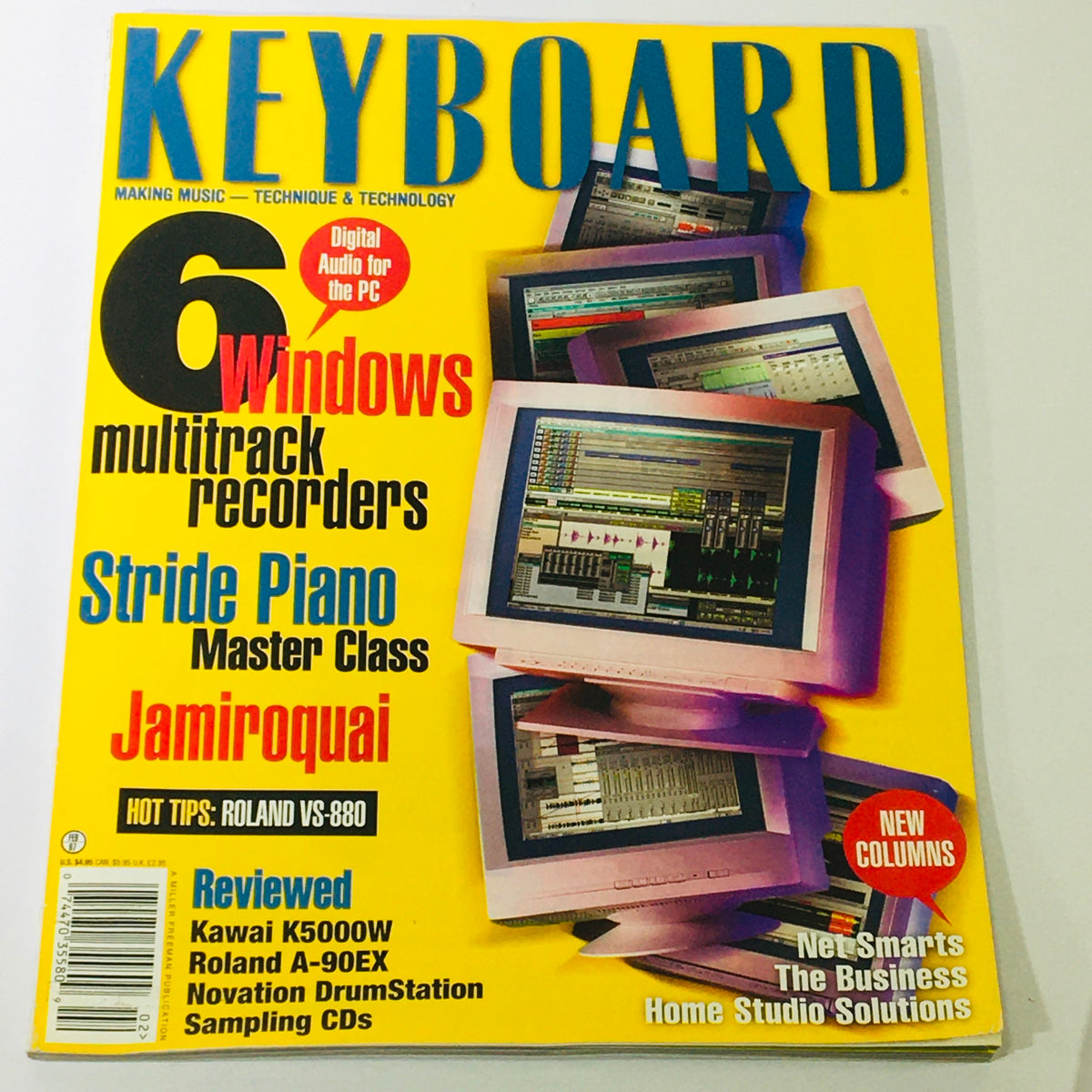 Keyboard Magazine February 1997 featuring Stride Piano Master Class with Jamiroquai, showcasing vintage music technology and techniques, ideal for collectors and music enthusiasts.