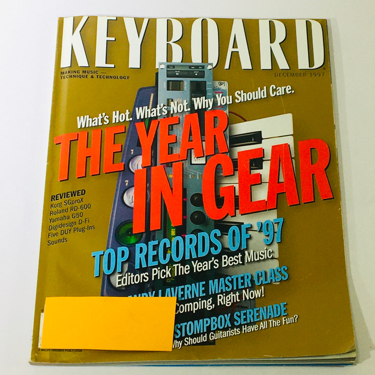 Cover of Keyboard Magazine December 1997 featuring reviews of Korg SGproX, Roland RD-600, and Yamaha G50, highlighting technology and music advancements with a bold title 'THE YEAR IN GEAR'.