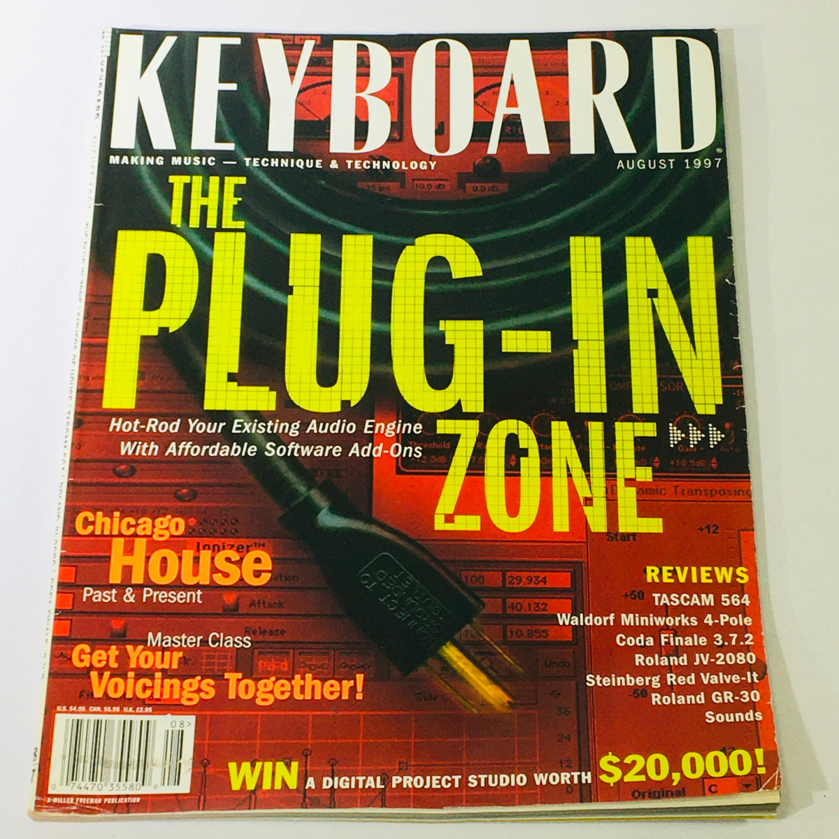 Cover of Keyboard Magazine, August 1997 featuring the title 'The Plug-In Zone' with articles on TASCAM 564 and Waldorf Miniworks 4-Pole, alongside various music tech reviews.