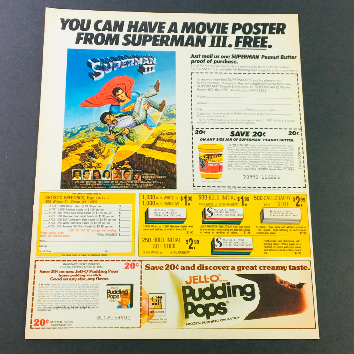 VTG Retro 1984 Christopher Reeves Superman 3 Free Poster Peanut Butter Ad Coupon featuring iconic Superman III artwork, promotional details, and coupon expiration notices.