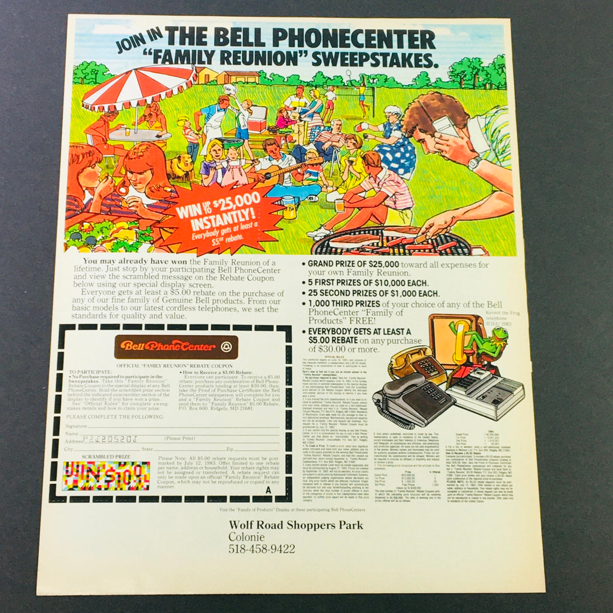 VTG Retro 1984 Christopher Reeves Superman 3 Free Poster Peanut Butter Ad Coupon advertisement highlighting the Bell Phonecenter Family Reunion Sweepstakes with vibrant illustrations.