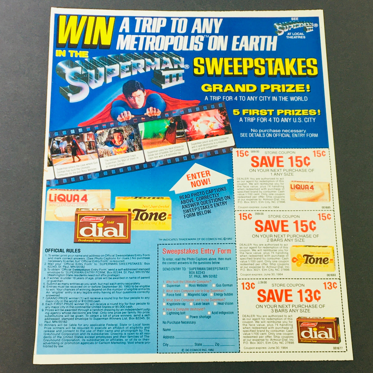VTG Retro 1982 Christopher Reeves Superman Metropolis Trip Sweepstakes Ad Coupon featuring promotional details and coupons, showcasing classic Superman imagery and entry information.