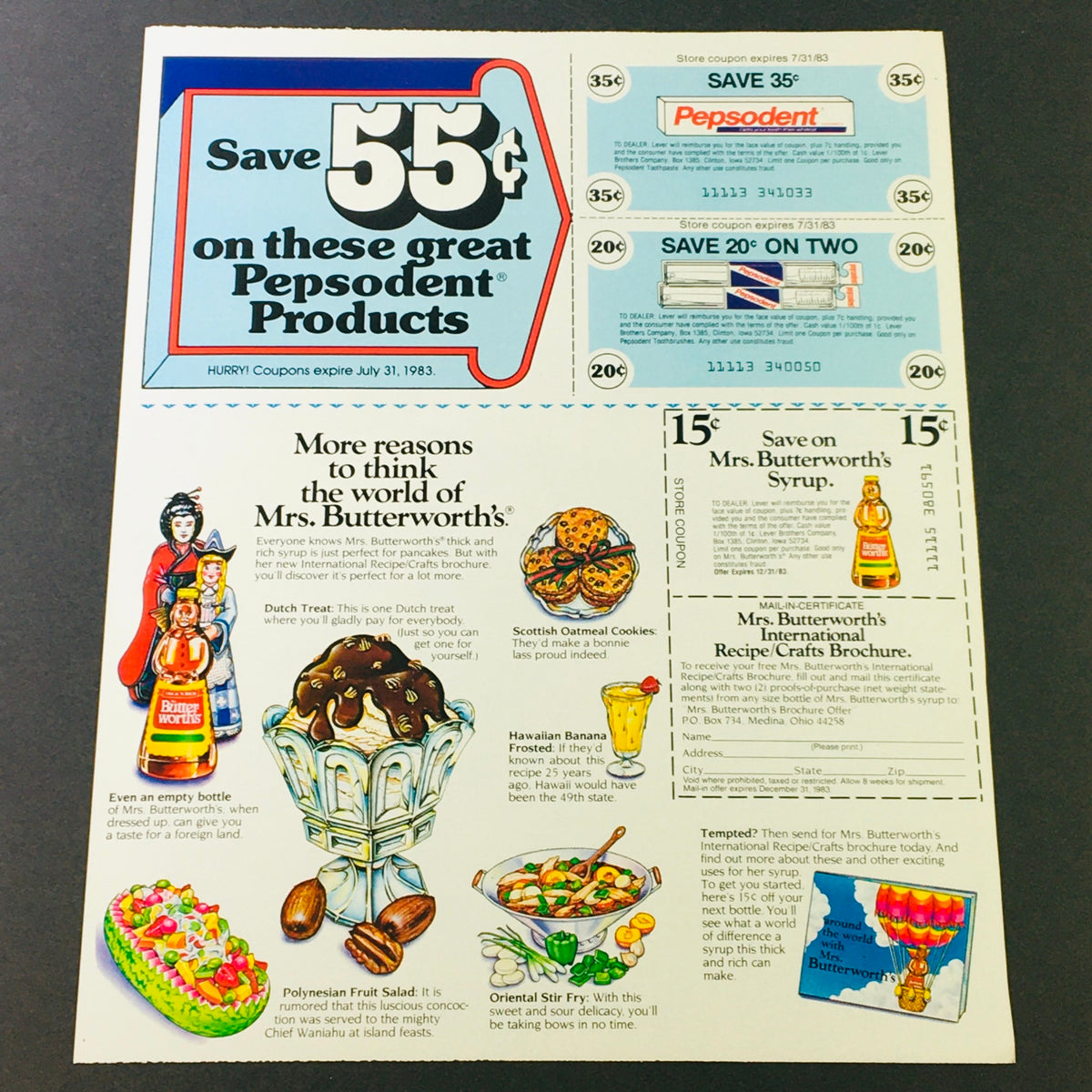 VTG Retro 1982 Christopher Reeves Superman Metropolis Trip Sweepstakes Ad Coupon highlighting savings offers on Pepsodent products, with captivating graphics and culinary references.