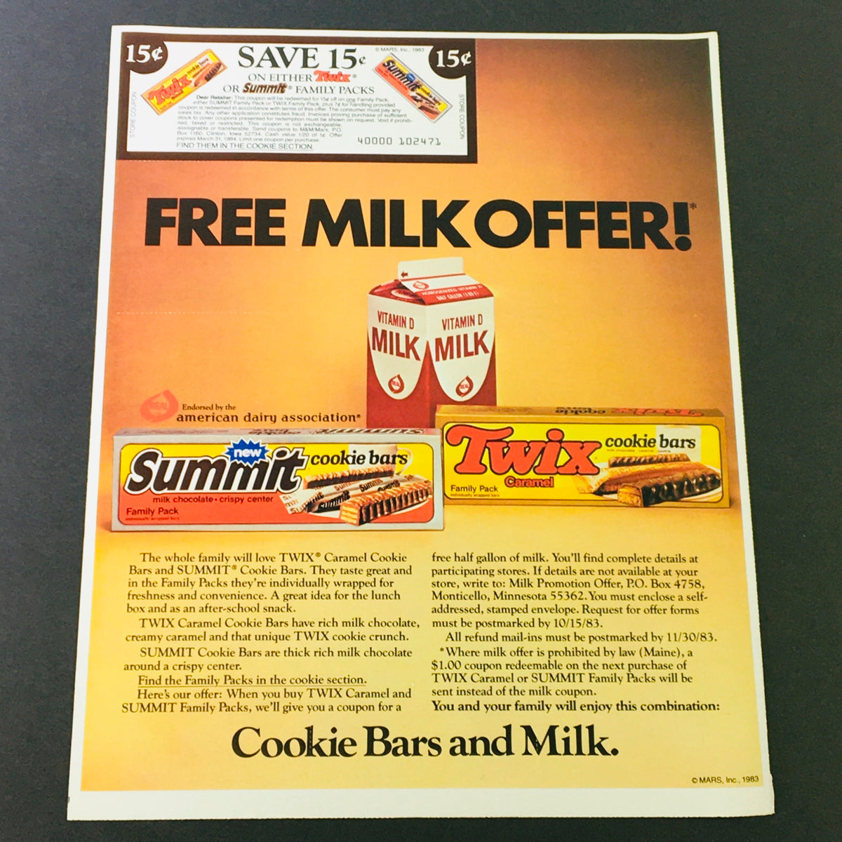 Vintage advertisement featuring the VTG Retro 1983 Twix Caramel Cookie & Summit Cookie Bars FREE Milk Ad Coupon, showcasing two milk cartons and the Twix and Summit candy bars, highlighting a unique promotional offer.