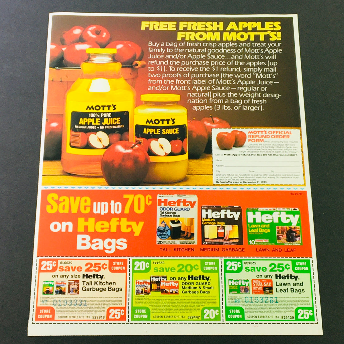 Classic advertisement for Mott's Apple Juice and Apple Sauce with a promotional offer, including a coupon for free apples, presented in an eye-catching design typical of the 1980s.