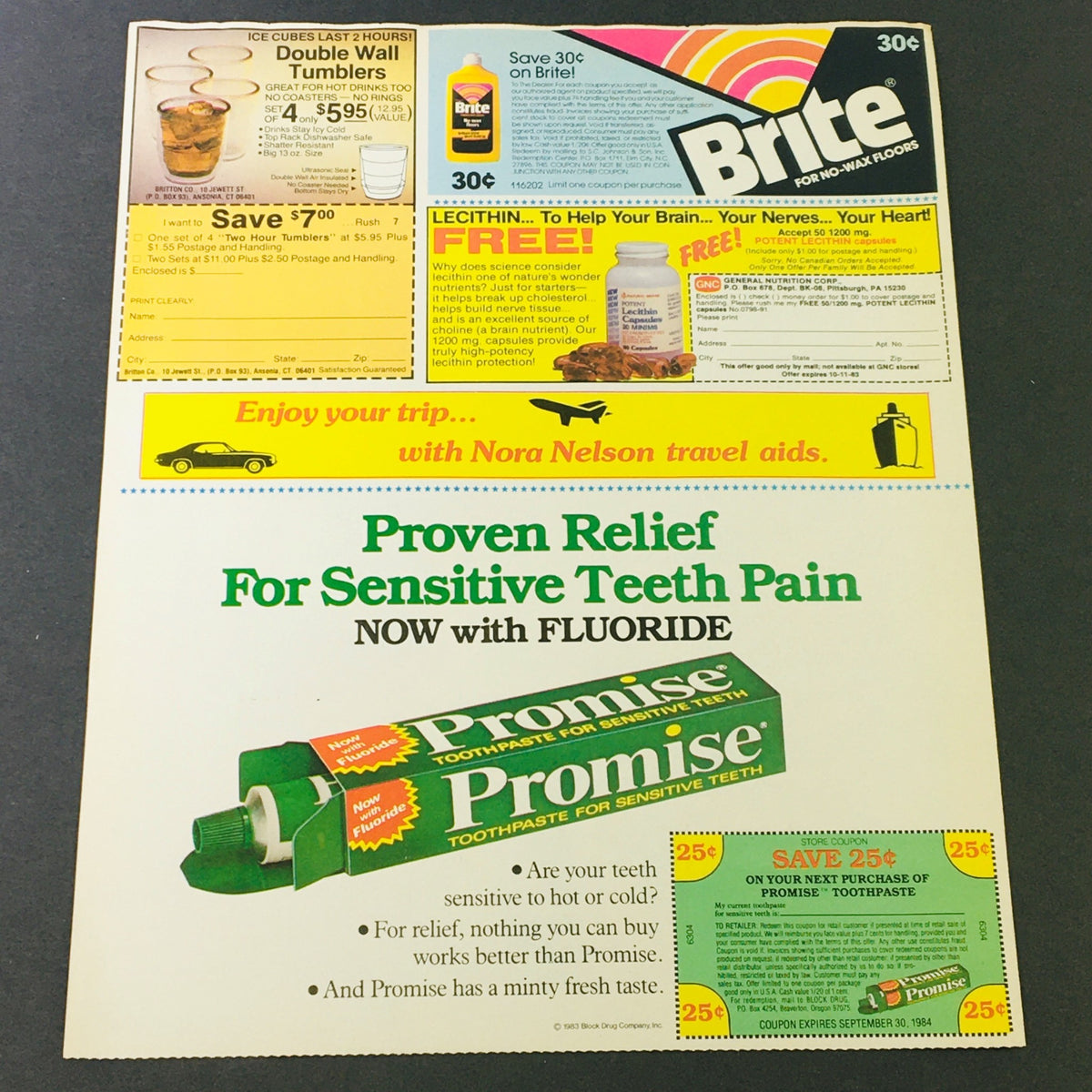 VTG Retro 1984 Sunkist Fruit Rolls Snack & Promise Toothpaste Discount Ad Coupon showcasing the Promise toothpaste advertisement with an emphasis on sensitive teeth relief and promotional offers.