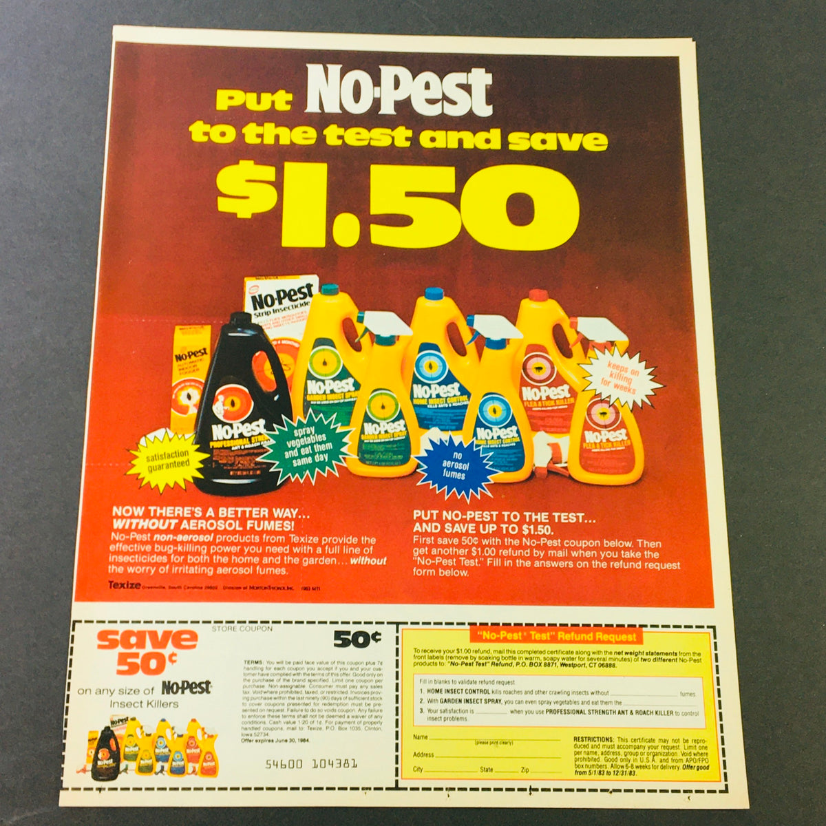 Vintage advertisement for No-Pest insect killers, showcasing various No-Pest products and a promotional offer. Includes title: VTG Retro 1983 Disney's Snow White & The 7 Dwarfs Smucker's Strawberry Ad Coupon.
