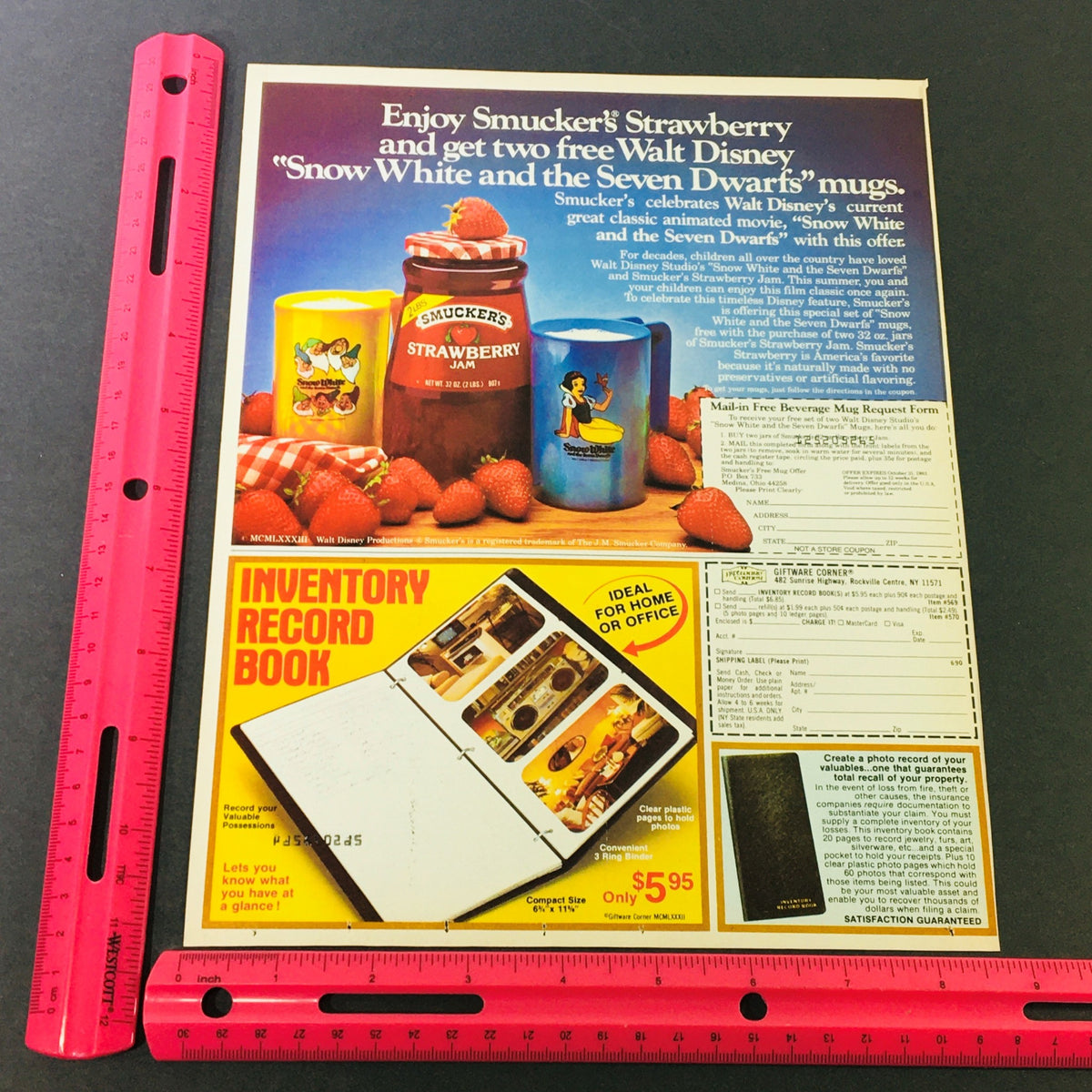 Promotional advertisement for Smucker's Strawberry featuring Disney's Snow White and the Seven Dwarfs mugs. Includes details about the offer and measurements. Title: VTG Retro 1983 Disney's Snow White & The 7 Dwarfs Smucker's Strawberry Ad Coupon.