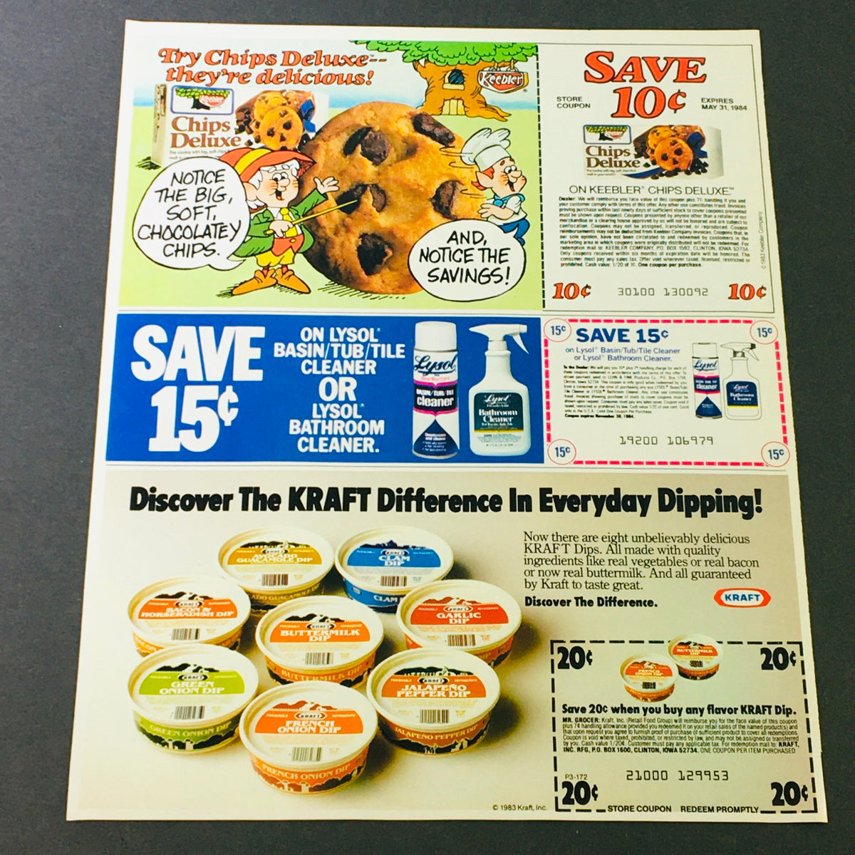 Advertising page for Keebler Chips Deluxe Cookies featuring fun illustrations, alongside a coupon to save on various products, including Lysol cleaners.