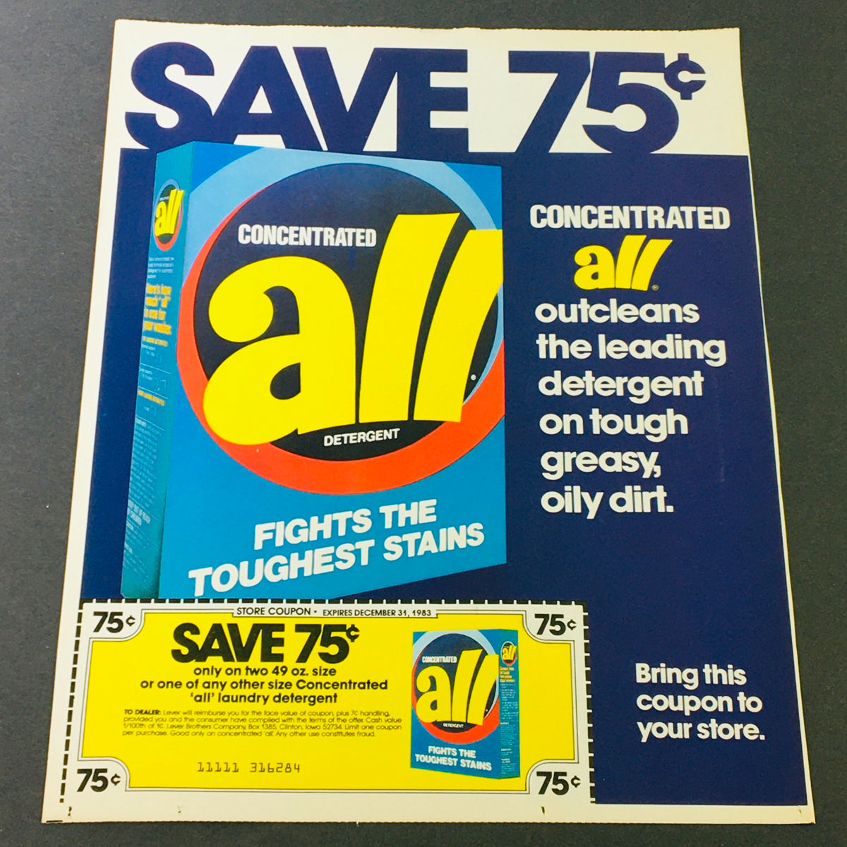 VTG Retro 1983 All Concentrated Detergent advertisement featuring a product box and a coupon for 75 cents off, showcasing its stain-fighting capabilities.