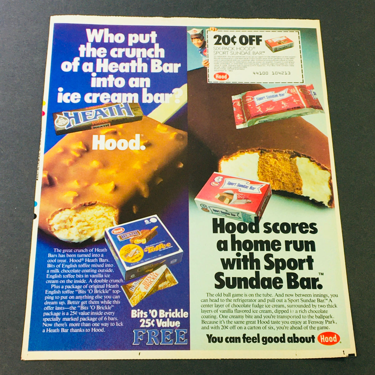 VTG Retro 1983 Heath Toffee Ice Cream Bar advertisement highlighting the product with a coupon offering 20 cents off, emphasizing the delicious Heath Bar flavor.