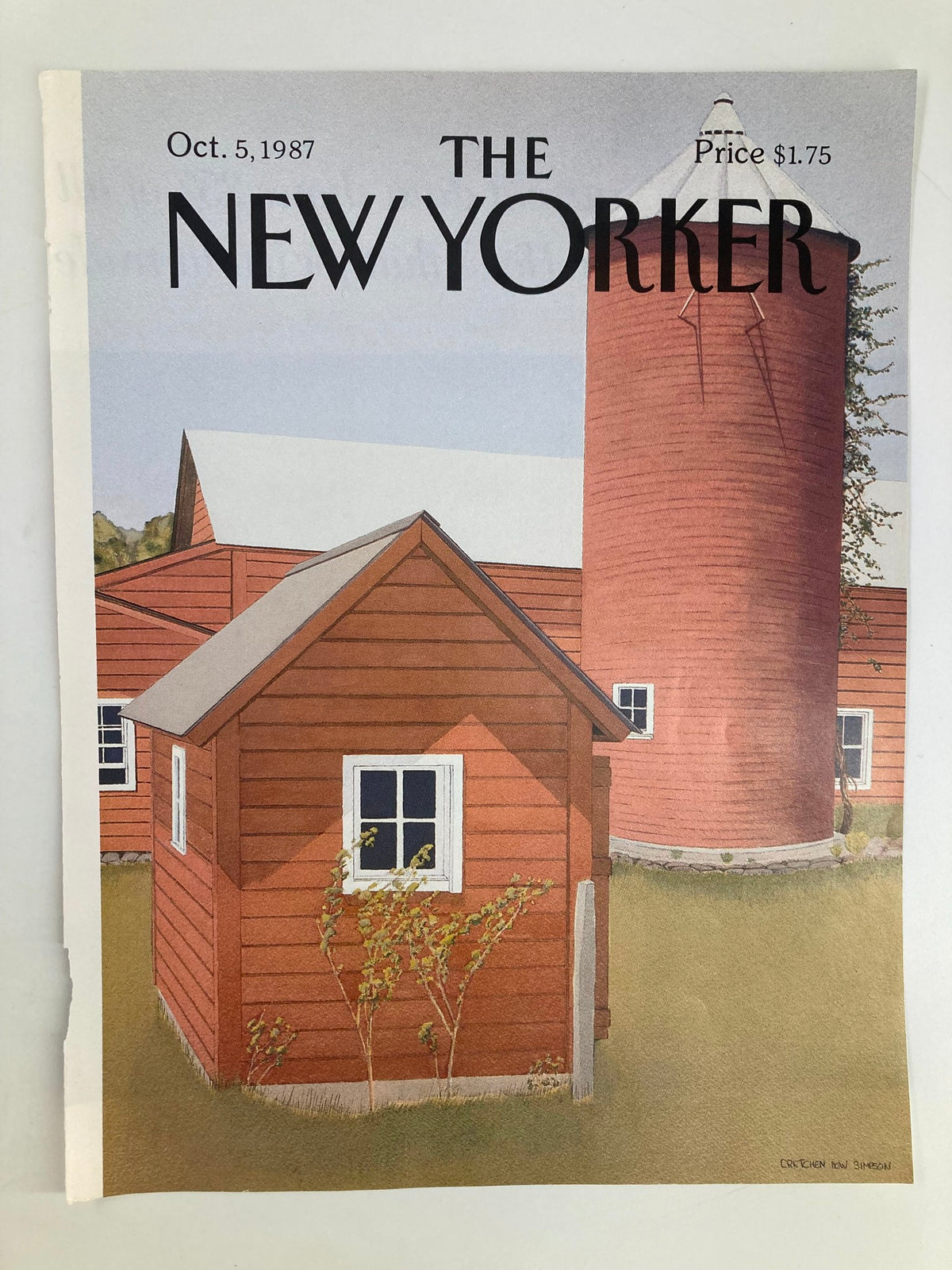 The New Yorker cover from October 5, 1987, showcasing a red barn and silo illustration by Gretchen Dow Simpson, highlighting the charm of rural life.