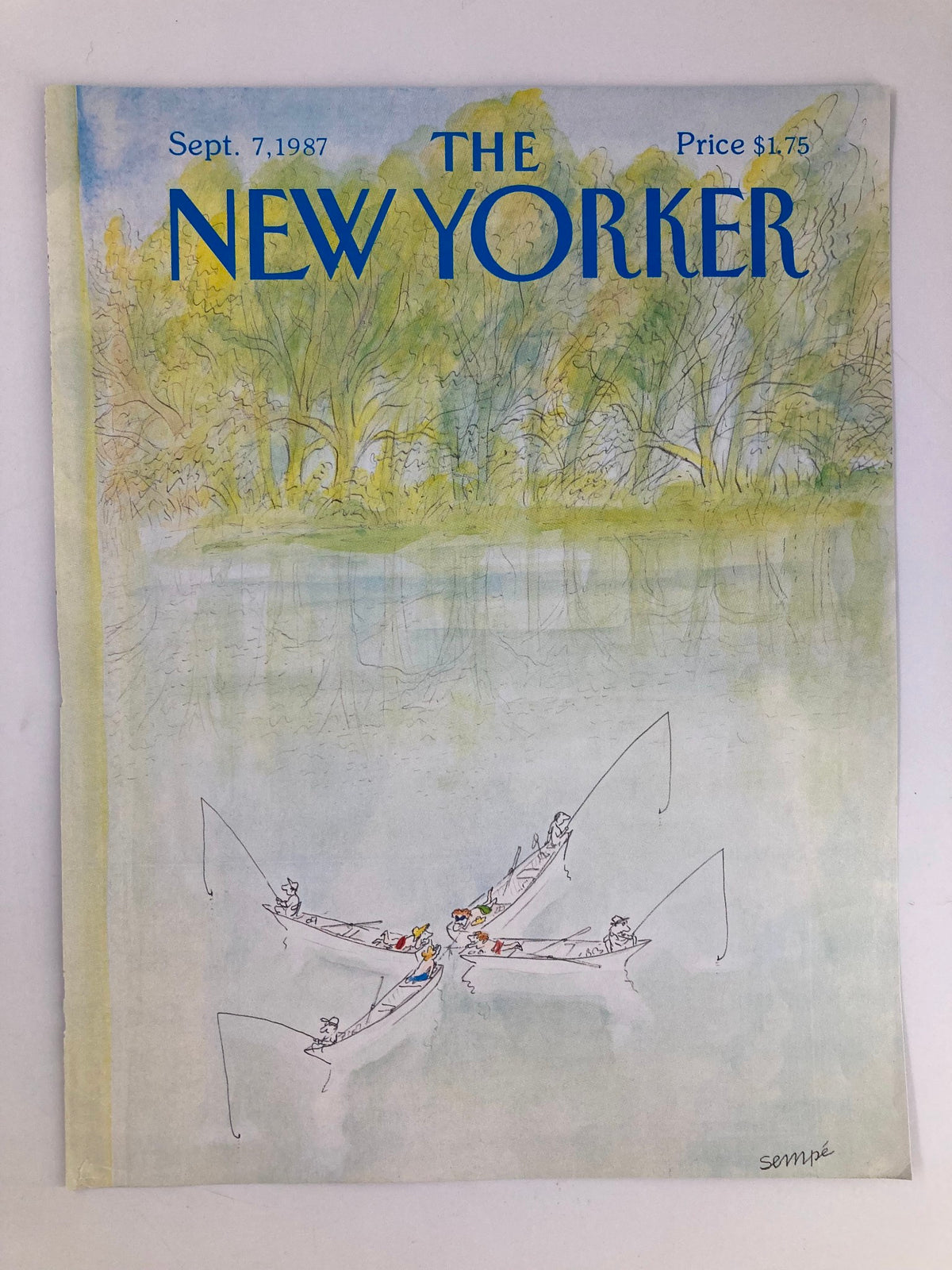 The New Yorker cover from September 7, 1987, titled 'Fishing in the Lake' illustrated by J. J. Sempé, depicting a tranquil fishing moment with colorful boats on a serene lake.
