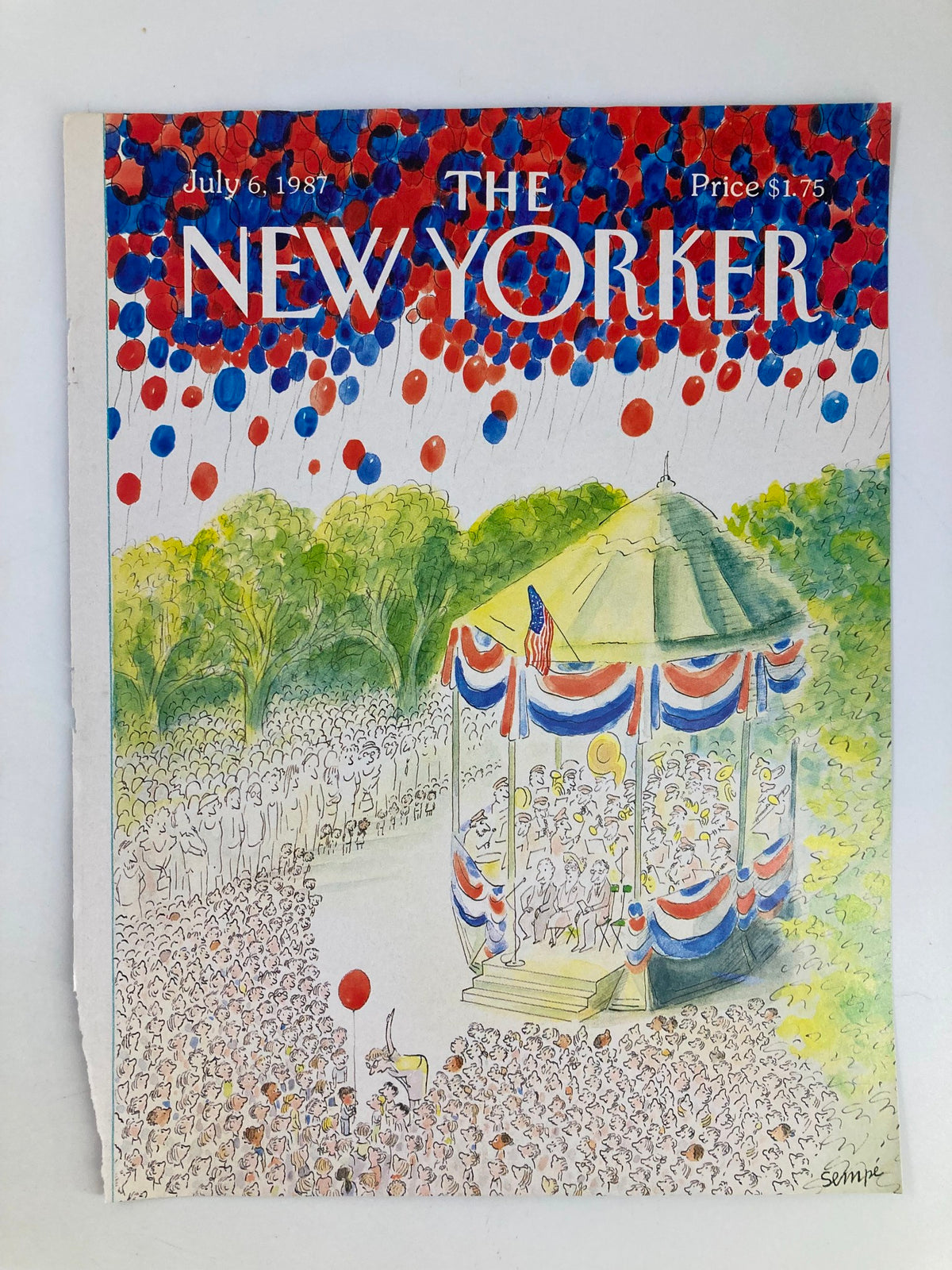 Cover of The New Yorker, July 6, 1987, titled "Can't Let Go of the Balloon" by J. J. Sempé, featuring colorful balloons and a large crowd gathered around a gazebo.