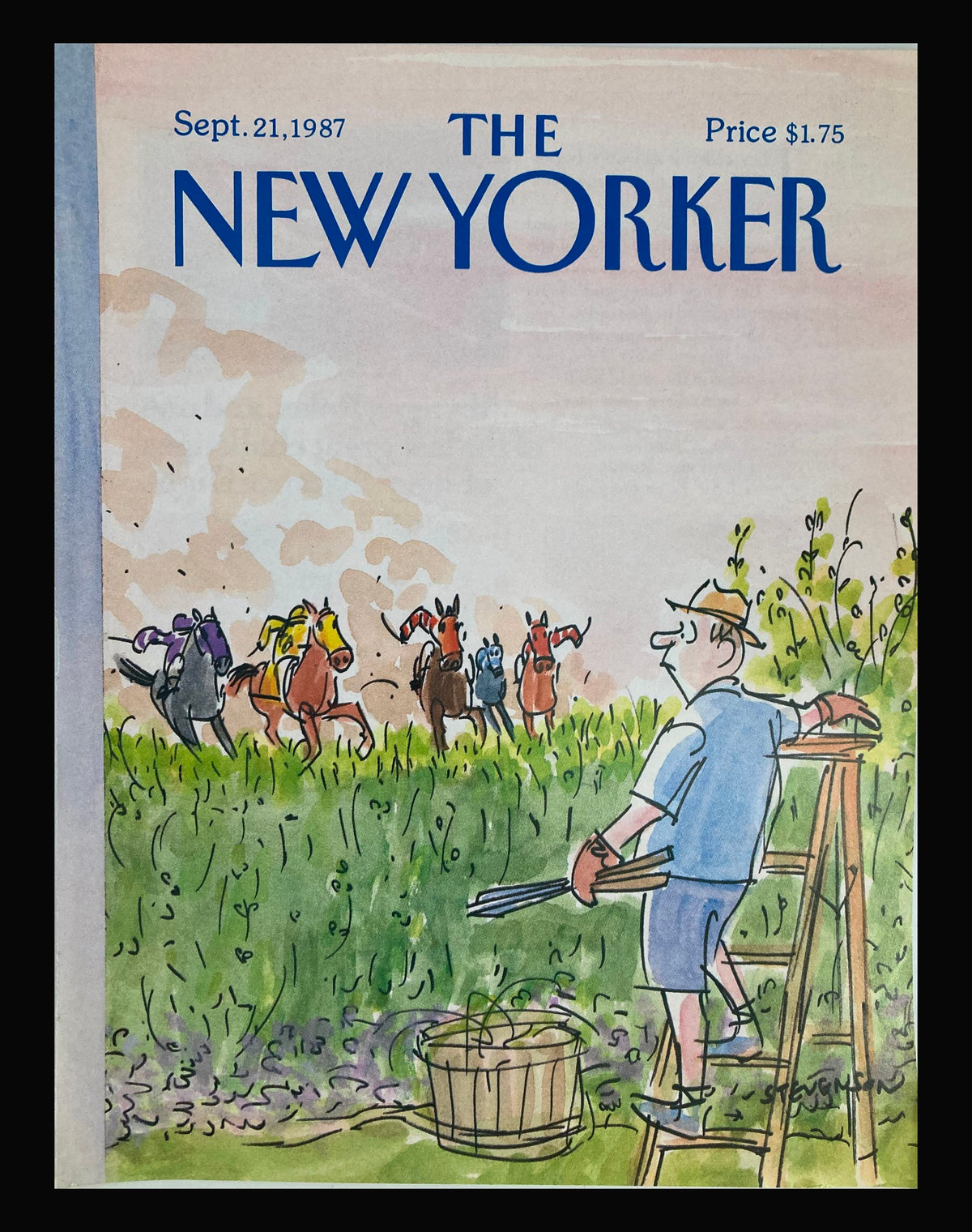 Cover of The New Yorker dated September 21, 1987 featuring 'The Horsemen' by James Stevenson, depicting a man observing horse riders in the background from a ladder.