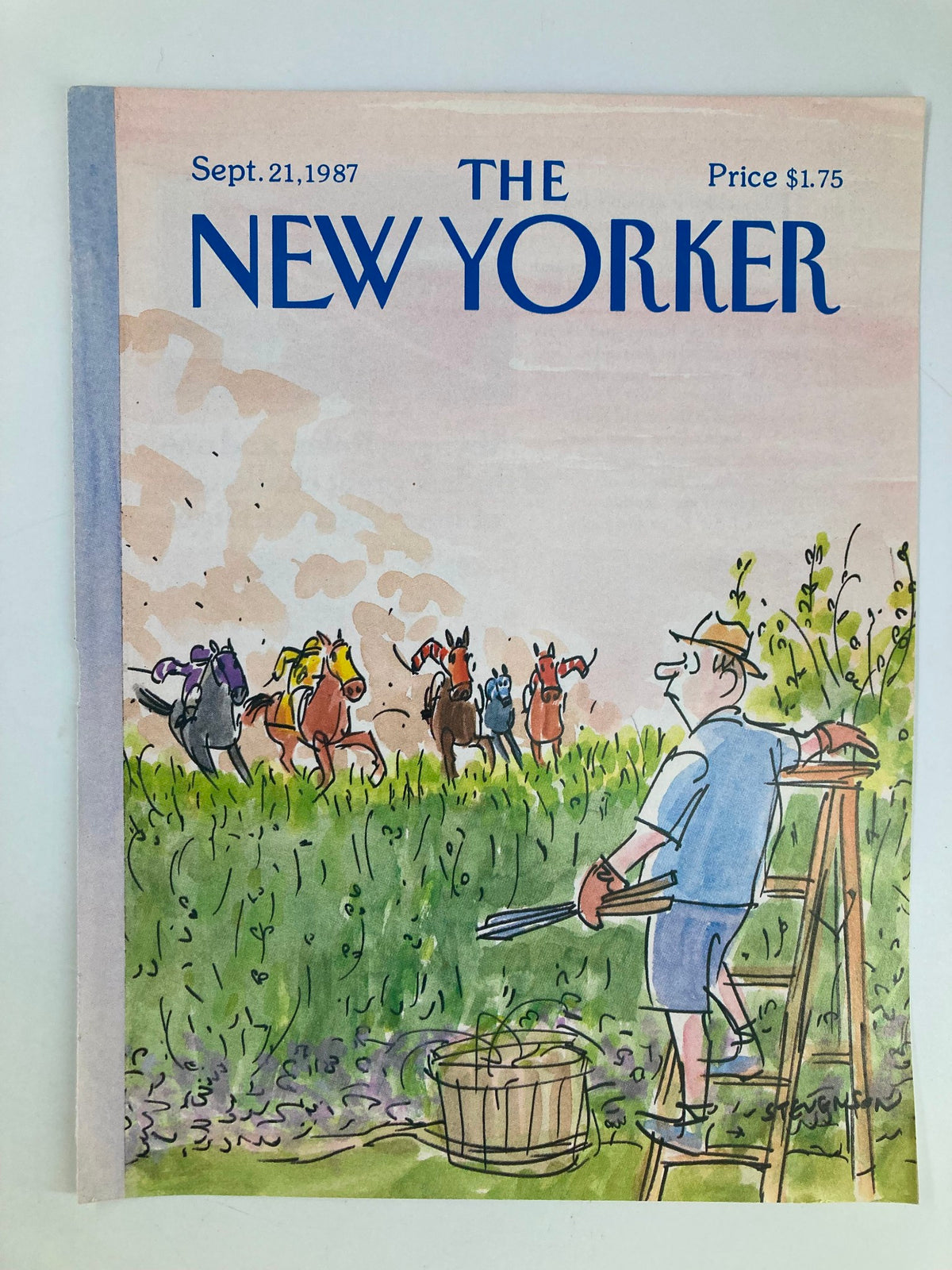 Cover of The New Yorker dated September 21, 1987 titled 'The Horsemen' by James Stevenson, showing a man on a ladder with a garden basket, watching horse riders in the distance.