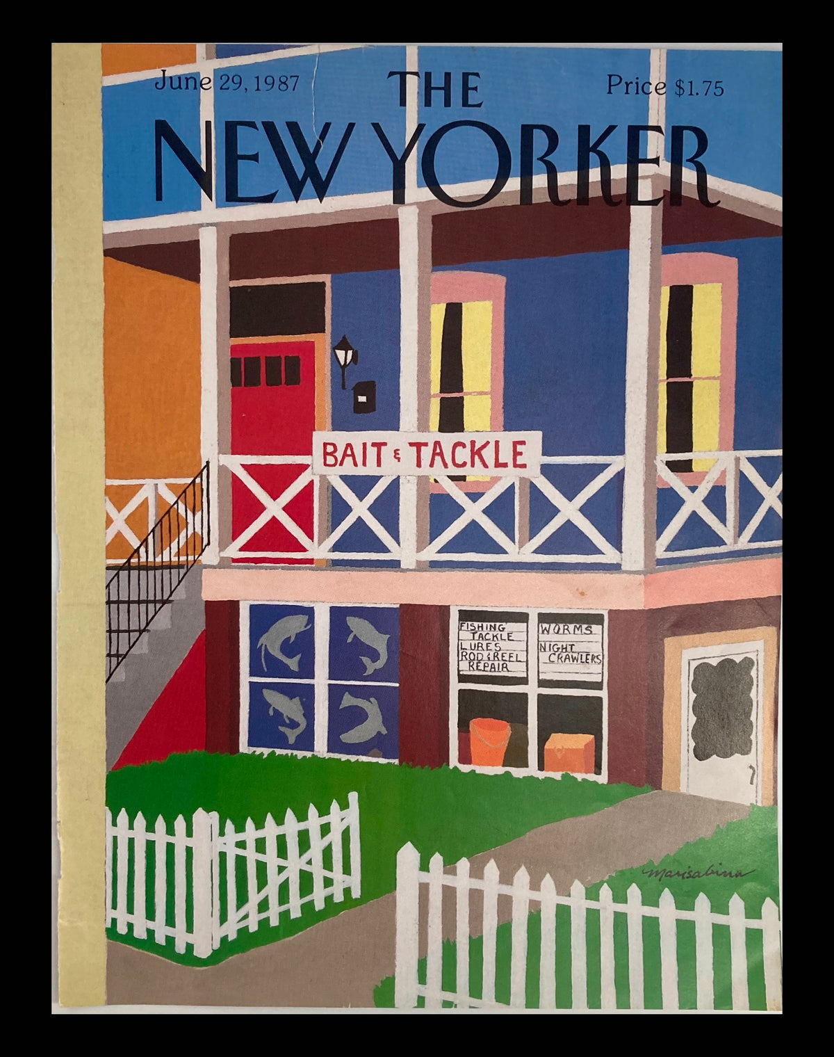 Cover of The New Yorker June 29 1987 titled 'Bait & Tackle Store' by Marisabina Russo, featuring a colorful illustration of a fishing store with a white fence.