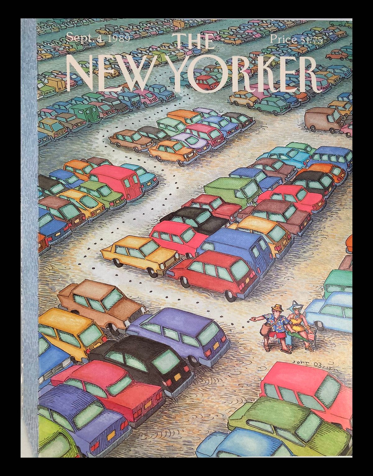 Cover art of The New Yorker September 4, 1989, titled 'Parking Spot' by John O'Brien, depicting a colorful parking lot filled with cars and two individuals walking.