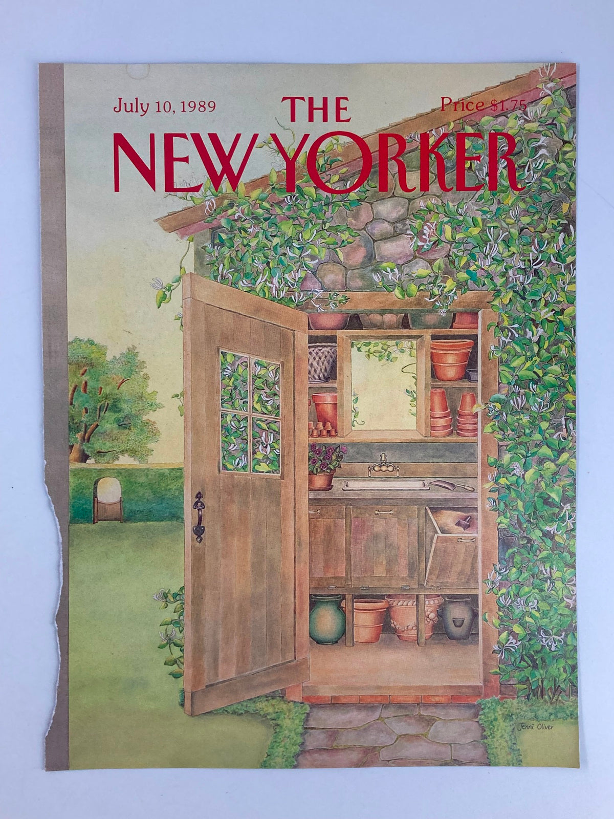 Cover of The New Yorker magazine dated July 10, 1989, featuring the 'Garden Shed' illustrated by Jenni Oliver, showcasing a rustic outdoor scene with a vibrant garden and open shed.