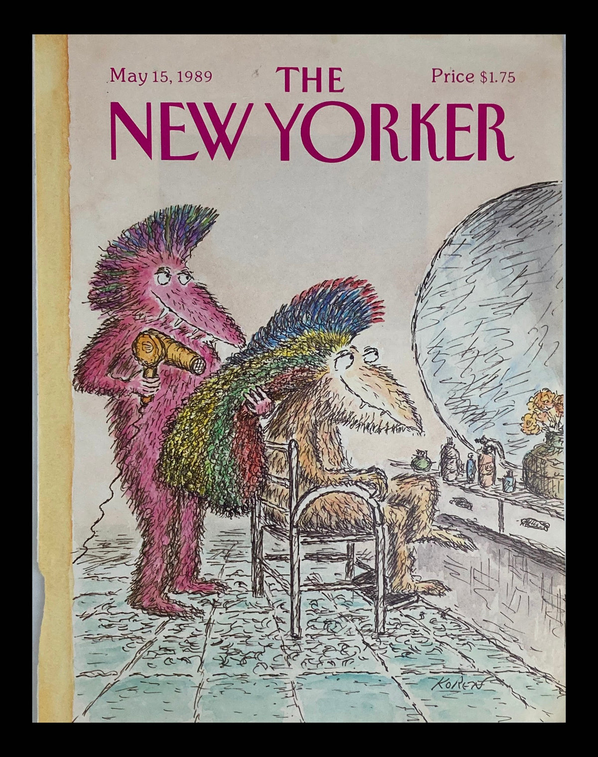 Cover art titled 'COVER ONLY The New Yorker May 15 1989 Rainbow Hair Stylist' by Edward Koren, featuring whimsical characters in a colorful hair salon setting.