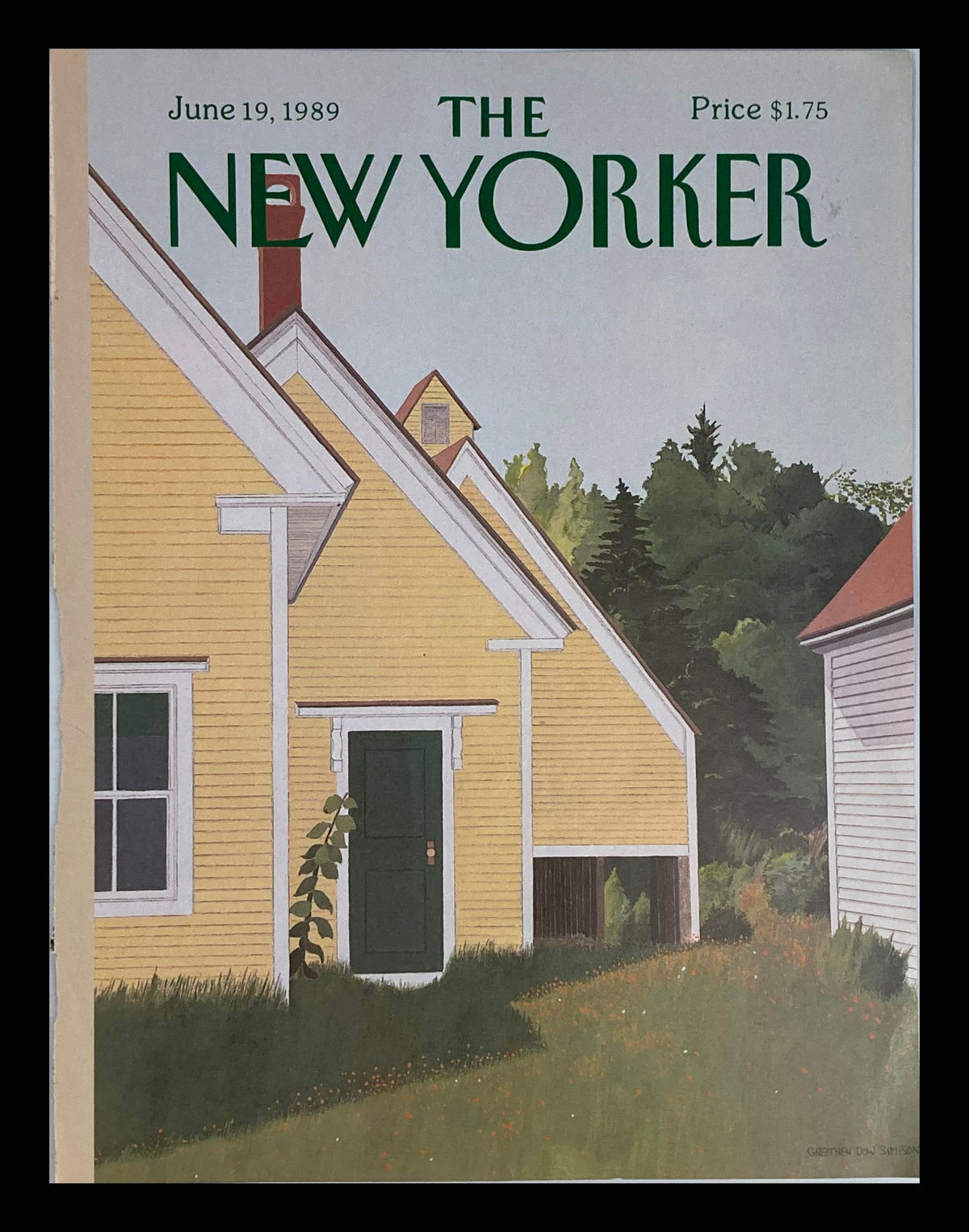 Cover of The New Yorker from June 19, 1989, featuring the title 'Empty Houses' illustrated by Gretchen Dow Simpson, showcasing a yellow house with a green door surrounded by a lush garden.