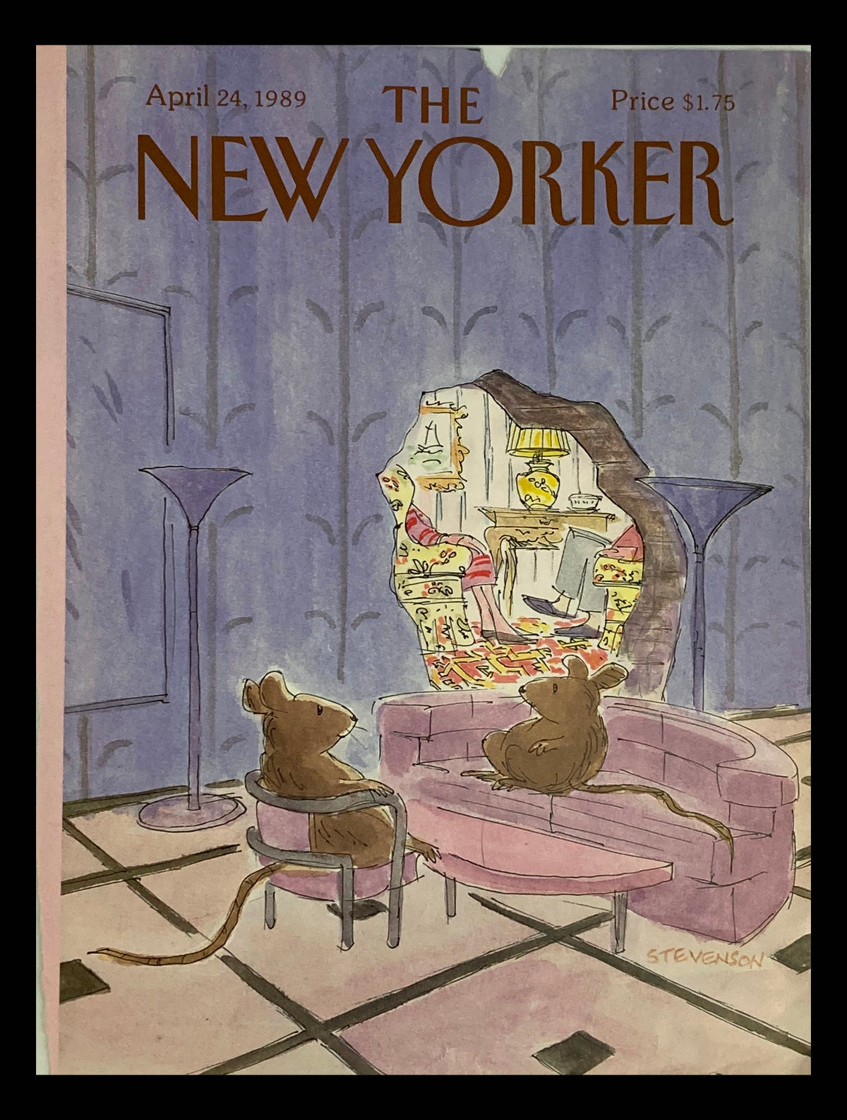 Cover of The New Yorker April 24 1989 titled 'Mouse and People' by James Stevenson, featuring an illustration of two mice sitting on a pink sofa, reflecting a whimsical living room setting.