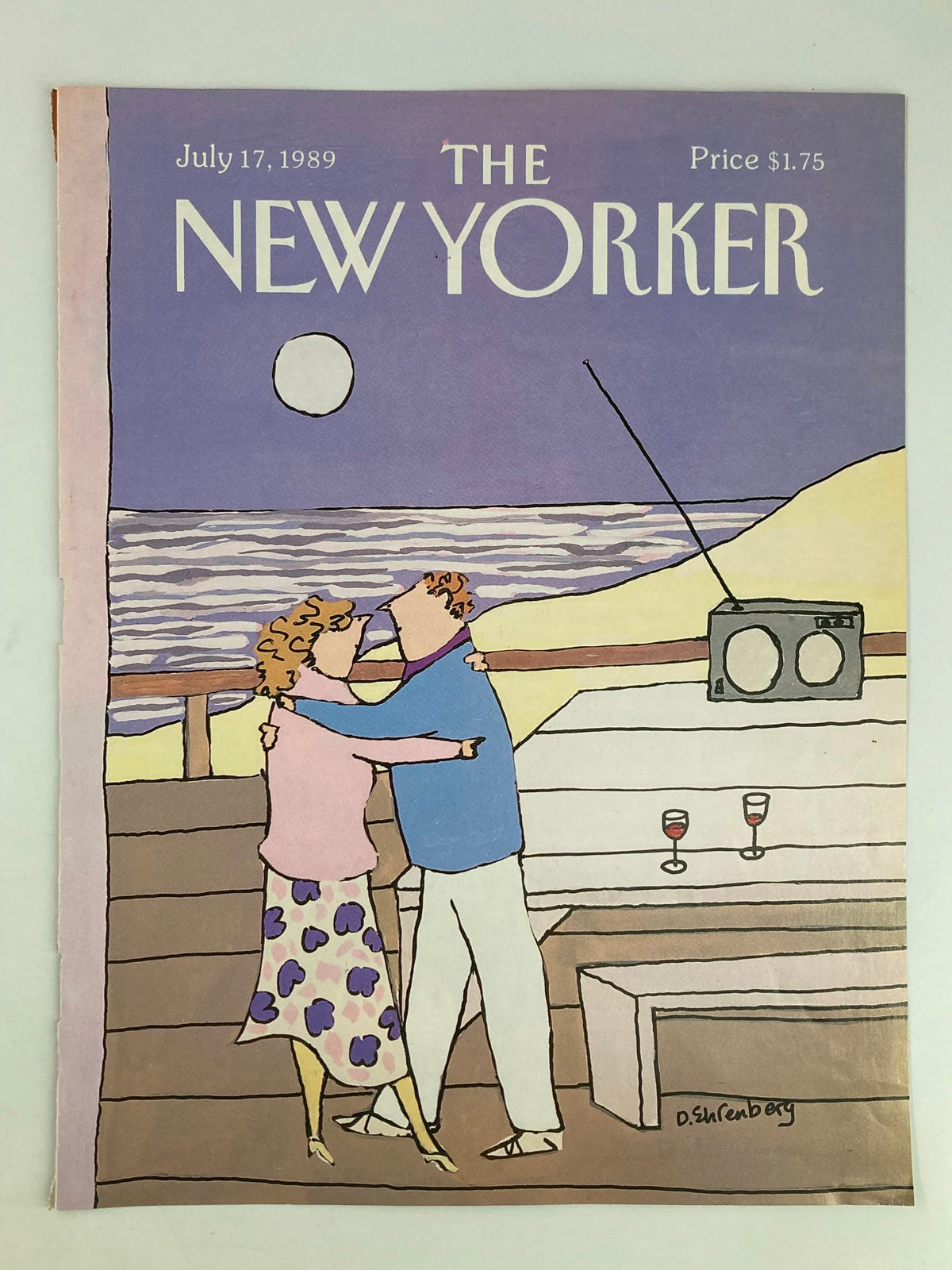 Cover of The New Yorker July 17, 1989 titled 'Dancing in the Moonlight' by D. Ehrenberg, displaying a romantic scene with a couple dancing near the ocean and a radio beside them.
