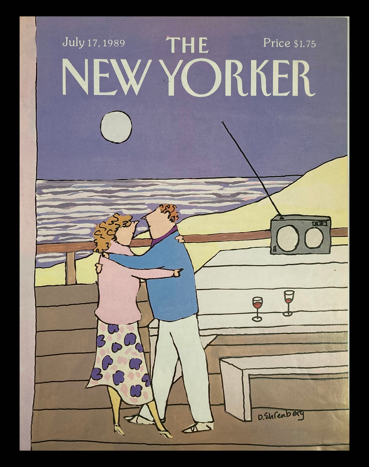Cover of The New Yorker July 17, 1989 titled 'Dancing in the Moonlight' by D. Ehrenberg, featuring a couple dancing on a beach with a moonlit backdrop and a vintage radio.