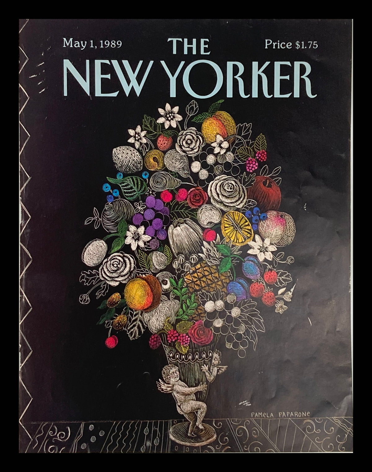 Cover of The New Yorker dated May 1, 1989 featuring a vibrant illustration of a fruit and flower vase by Pamela Paparone.