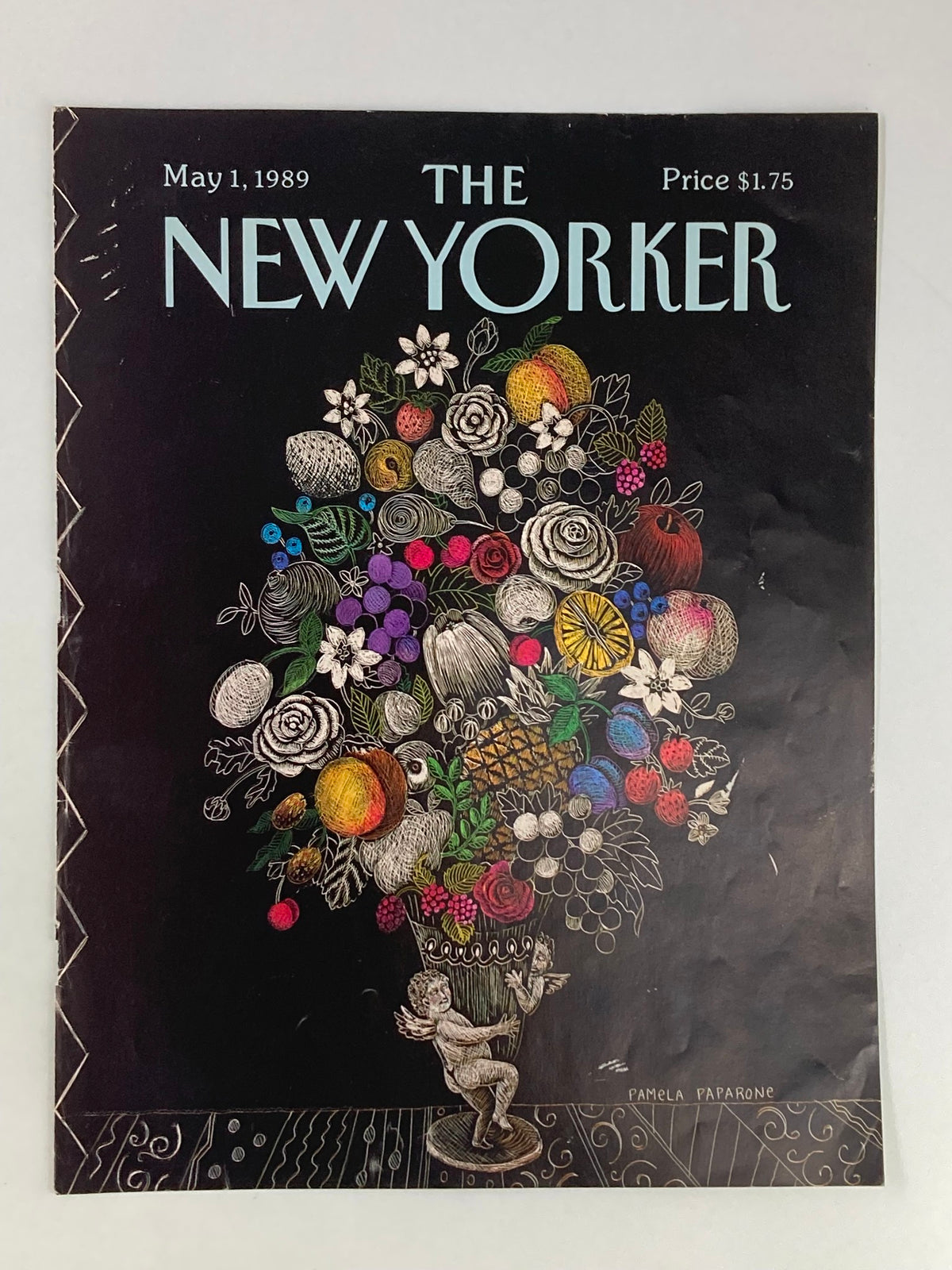 Front cover of The New Yorker from May 1, 1989 showcasing a colorful vase filled with fruits and flowers, created by artist Pamela Paparone.