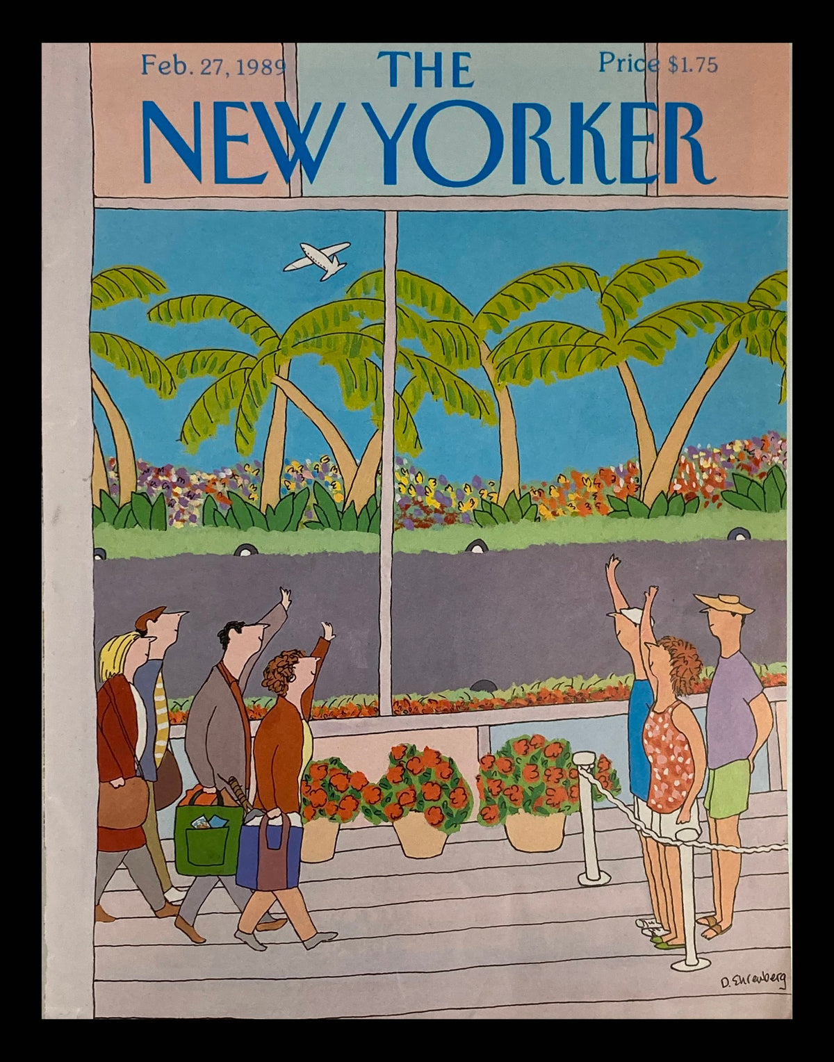 Cover of The New Yorker February 27, 1989 titled 'Waving Aboard' by Devera Ehrenberg, featuring travelers waving at a departing flight with palm trees and flowers in the background.