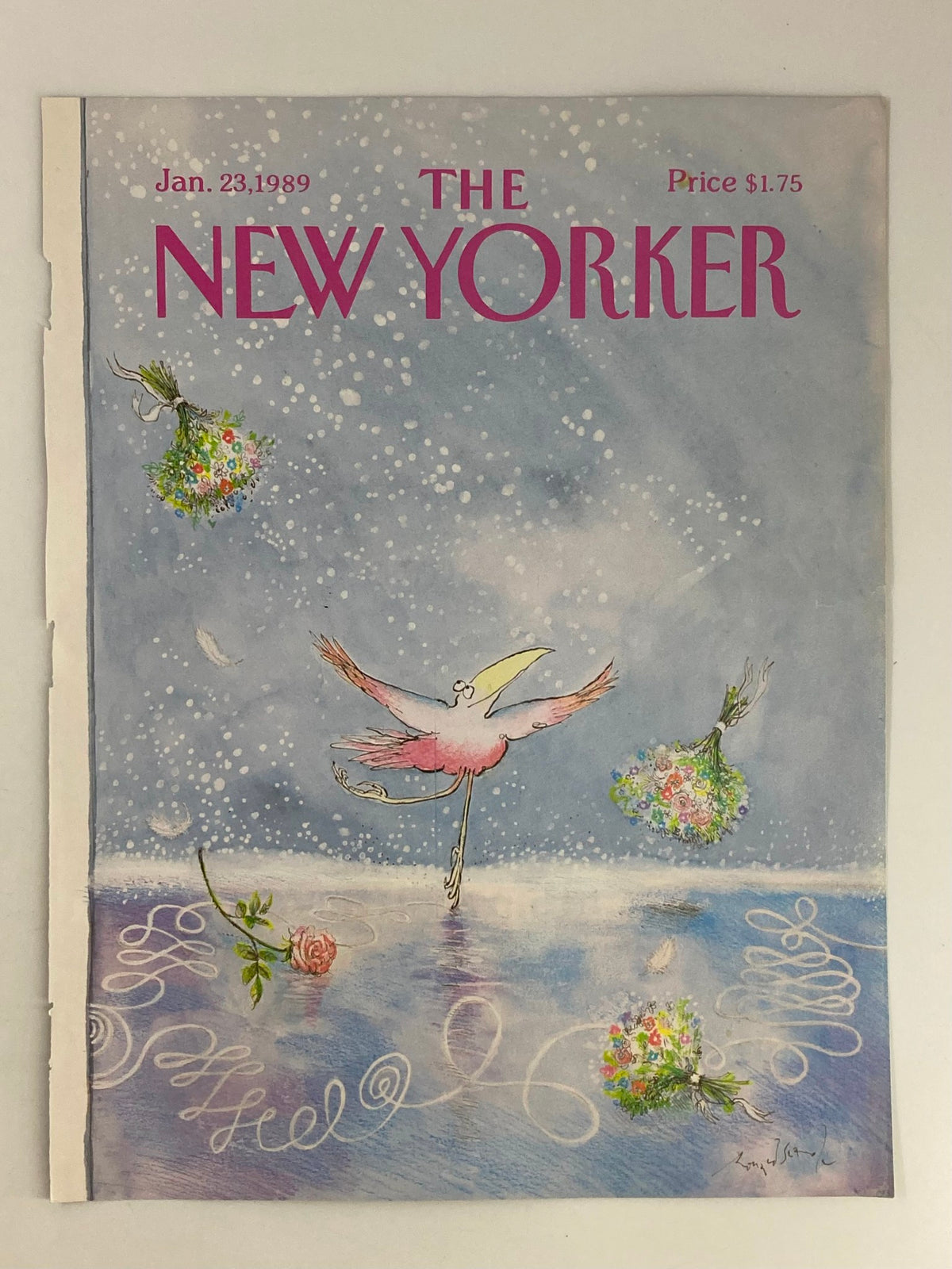 The New Yorker magazine cover from January 23, 1989, illustrating "A Flamingo Dance" by Ronald Searle, with a vibrant pink flamingo and colorful flowers in a whimsical snowy scene.