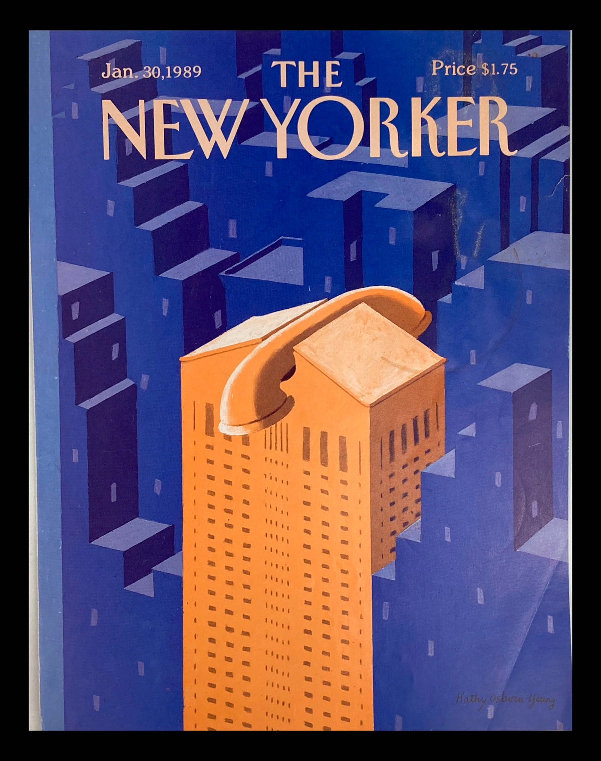The New Yorker cover from January 30, 1989, featuring an artistic illustration of the Telephone Building by Kathy O Young, showcasing vibrant colors and unique architectural designs.