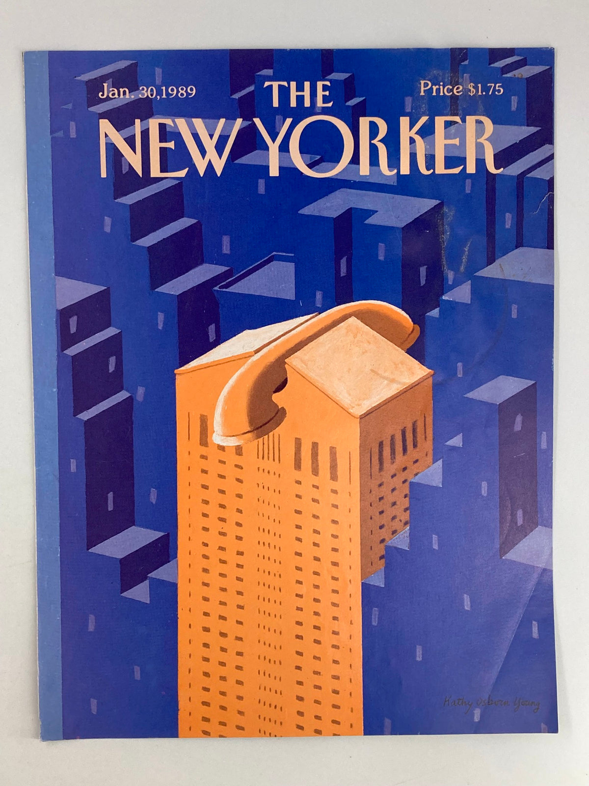 The New Yorker cover dated January 30, 1989, displaying the Telephone Building illustrated by Kathy O Young, surrounded by a vivid blue cityscape.