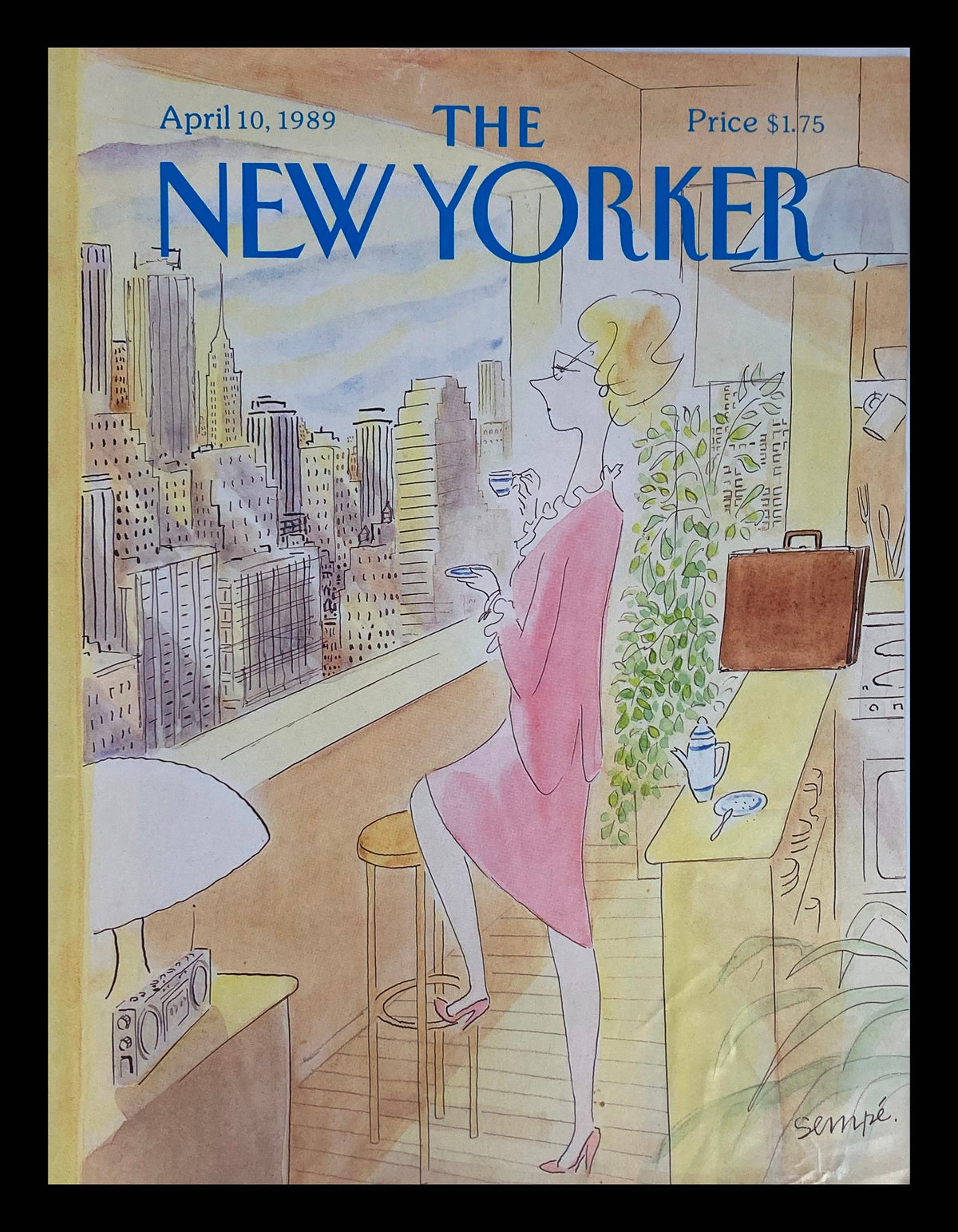 Cover of The New Yorker magazine from April 10, 1989, featuring 'Overlooking Apartment' by J. J. Sempe, showcasing a stylish woman viewing city skyscrapers from her apartment window.