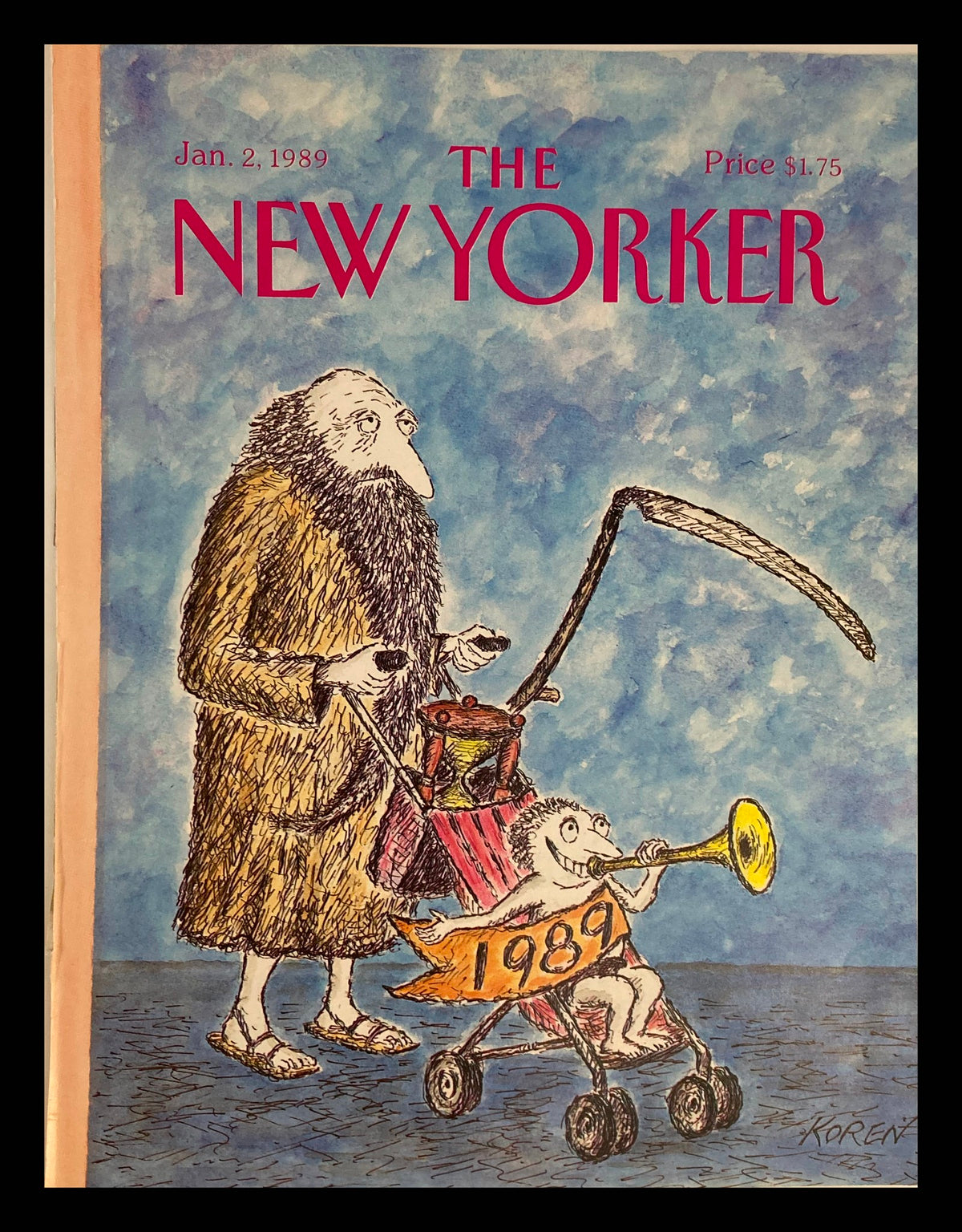 Cover of The New Yorker January 2, 1989, by Edward Koren featuring a whimsical illustration of a bearded figure with a basket and a child in a stroller playing a trumpet, celebrating the year 1989.