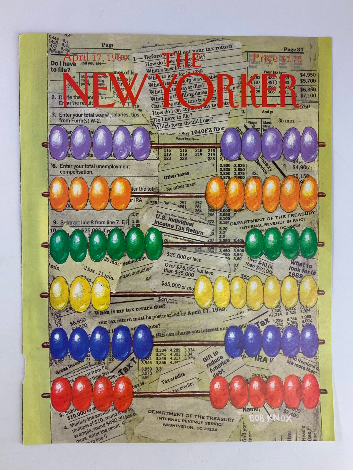 The New Yorker April 17 1989 Abacus Cover by Bob Knox featuring a colorful counting frame illustration set against a backdrop of financial documents.